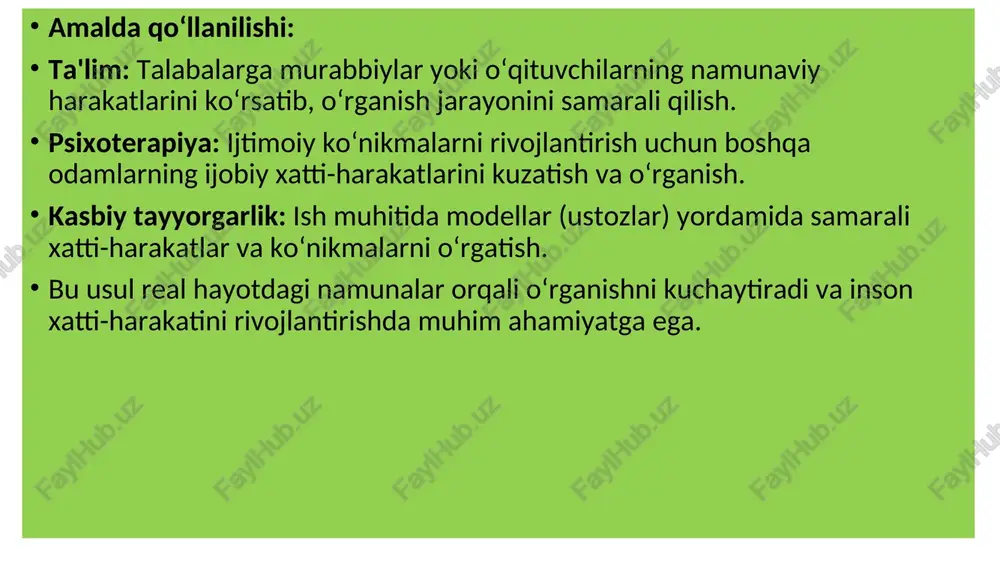 imitatsiya (taqlid) qilish orqali kerakli xulq-atvorni egallash. o’z-o’zini nazorat qilish metodi. maqsadga mos xarakat uchun tashqaridan emas, balki shaxsning o’zi tomonidan mukofotlash yuzaga keladi. patsient o’z xulqidagi uzgarishlar uchun uzini uzi yoqimli mukofot bilan taqdirlaydi. qarama-qarshi shartlantirish bo‘yicha trening mashg‘uloti bu mashg‘ulotlar pavlov va skinnerning klassik hamda operant shartlantirish nazariyalariga asoslangan. 1. shartlantirishni tushuntirish uchun misol va muhokama o‘quvchilardan quyidagi misollarni muhokama qilishlarini so‘rang: itning har gal qo‘ng‘iroq chalinganda ovqat kutilishi (pavlovning itlari tajribasi). ishchining mukofot beriladigan harakatlarni tez-tez takrorlashi (operant shartlantirish). savol: shartlantirish qanday ijobiy yoki salbiy odatlarni shakllantirishi mumkin? 2. jamoaviy rolli o‘yin vazifa: bitta guruh "stimulus" va "javob" o‘rtasida bog‘liqlikni yaratish uchun shart qo‘yadi. boshqa guruh esa javob reaksiyasini takrorlash orqali mukofot yoki jazoni his qiladi. masalan: bir guruhda har gal qizil chiroq yonganda qarsak chalish kerak, yashil chiroq esa jim turish kerak. 3. shartlantirilgan refleks o‘yinlari o‘yin: o‘quvchilarga qog‘oz kartochkalar beriladi, ularda har xil “shartlar” yozilgan. …
