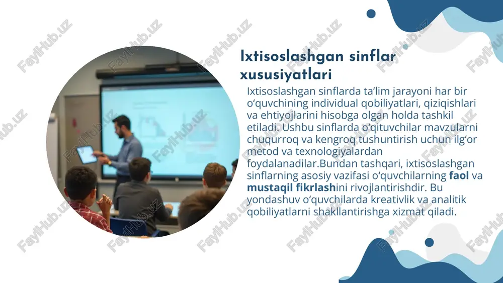 rayonini sifatli yaxshilashga xizmat qiladi. shu bilan birga, o‘quvchilarning individual rivojlanishini monitoring qilish imkoniyati yuzaga keladi. test va referatlardan foydalanish test va referatlar o‘quvchilarning bilim darajasini baholashda muhim va samarali vositalardir. testlar qisqa vaqt ichida aniq natijalar berib, o‘quvchilarning asosiy bilimlarini baholashga yordam beradi.referatlar esa o‘quvchilarning mavzuni chuqur tahlil qilishi, fikrlarini aniq ifodalashi va mustaqil ishlash qobiliyatini ko‘rsatadi. ushbu baholash usullari taʼlim sifatini oshirish va o‘quvchilarning rivojlanishini kuzatishda muhim ahamiyat kasb etadi. oʻquvchilarning individual rivojlanishini kuzatish har bir o‘quvchining individual rivojlanishini doimiy ravishda kuzatib borish taʼlim jarayonini yanada individualizatsiya qilish imkonini yaratadi. bu yondashuv o‘quvchining kuchli va zaif tomonlarini aniqlash, shuningdek, shaxsiy o‘quv strategiyalarini ishlab chiqishda muhim ahamiyatga ega. natijada, o‘quvchilarning motivatsiyasi ortadi va ular o‘z imkoniyatlarini maksimal darajada namoyon eta oladilar. shu bilan birga, taʼlimning umumiy samaradorligi sezilarli darajada yaxshilanadi. xulosa boshlangʻich sinflarda matematika taʼlimida mantiqiy tushunchalar o‘quvchilarning asosiy fikrlash qobiliyatlarini shakllantirishda muhim ahamiyatga ega. ixtisoslashgan yondashuvlar va zamonaviy …