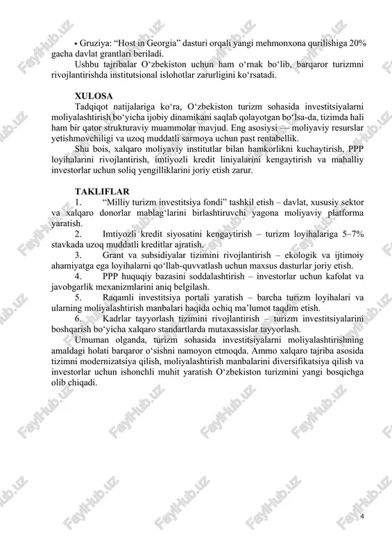 orld bank. “tourism development trends”, 2023.] 2. o‘zbekistonda turizm sohasini moliyalashtirish manbalari o‘zbekiston misolida so‘nggi yillarda turizm investitsiyalarining tuzilmasi quyidagicha shakllangan (2024-yil ma’lumotlari): · davlat byudjeti – 32% (yirik infratuzilma va yo‘l tarmoqlari uchun); · tijorat banklari kreditlari – 28% (asosan mehmonxonalar va dam olish maskanlari uchun); · xususiy sektor sarmoyalari – 26%; · xorijiy investitsiyalar – 9%; · grant va subsidiyalar – 5%. hozirda o‘zbekistonda “yangi o‘zbekiston – yangi turizm” dasturi doirasida 850 million dollarlik 300 dan ortiq loyihalar amalga oshirilmoqda. 3. moliyalashtirishdagi mavjud muammolar tahlillar shuni ko‘rsatadiki, o‘zbekiston turizm moliyalashtirish tizimida quyidagi muammolar mavjud: · tijorat banklari kreditlarining foiz stavkalari yuqori (20–22%) bo‘lib, uzoq muddatli sarmoya uchun jozibador emas. · davlat-xususiy sheriklik loyihalarida huquqiy kafolatlar zaif. · soliq imtiyozlari cheklangan va asosan yirik korxonalarga berilmoqda. · investitsion sug‘urta tizimi yetarlicha rivojlanmagan. · ekoturizm va madaniy turizm loyihalari uchun alohida moliyalashtirish fondi mavjud emas. 4. xalqaro tajriba bilan qiyosiy …