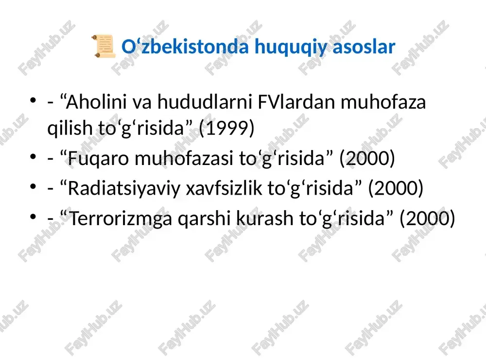 iy va xalqaro tajribalarni qo‘llash ✅ xulosa - fuqaro muhofazasi – xavfsiz hayot kafolati - ogohlantirish tizimi samaradorlikni oshiradi - huquqiy asoslar va fuqarolarning ishtiroki muhim /docprops/thumbnail.jpeg