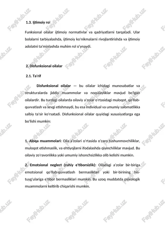 ogolizm yoki boshqa qaramliklarga duchor bo'lishlari mumkin, bu oilaviy hayotni yanada murakkablashtiradi. 5. ijtimoiy va iqtisodiy qiyinchiliklar: disfunksional oilalar ko'pincha ijtimoiy yoki iqtisodiy qiyinchiliklarga duch keladilar. bu oilaning umumiy ahvoliga va a'zolarining hayot sifati va sog'lig'iga salbiy ta'sir ko'rsatadi. farqlari muloqot: funksional oilalarda muloqot ochiq va samimiy, disfunksional oilalarda esa muloqot ko'pincha xato tushunishlar va qarama-qarshiliklar bilan to'ldirilgan. emotsional qo'llab-quvvatlash: funksional oilalarda a'zolar bir-birini qo'llab-quvvatlaydi, disfunksional oilalarda esa emotsional e'tiborsizlik yoki hatto emotsional ekspluatatsiya bo'lishi mumkin. aloqalar: funksional oilalarda munosabatlar sog'lom va ijobiy, disfunksional oilalarda esa ziddiyatlar, zo'ravonlik va manipulyatsiya ko'p bo'ladi. barqarorlik: funksional oilalarda oila tizimi barqaror va maqsadga muvofiq, disfunksional oilalarda esa tizim beqaror va muammolarga duchor bo'ladi. bunday farqlar, oilaning a'zolari o'rtasidagi aloqalarning sifatiga va oilaviy muhitga to'g'ridan-to'g'ri ta'sir qiladi, bu esa ularning ruhiy va jismoniy salomatligiga sezilarli ta'sir ko'rsatishi mumkin. oila inson jamiyatining eng asosiy birligi bo'lib, u turli xil ijtimoiy, madaniy, iqtisodiy va psixologik funktsiyalarni …