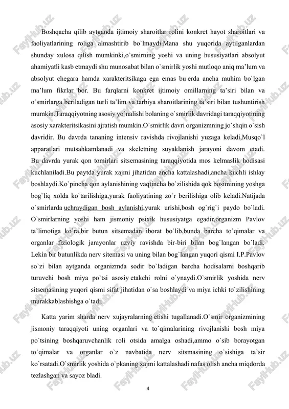 kattalashadi nafas olish ancha miqdorda tezlashgan va sayoz bladi. o`smirlik yoshida bola qancha toza havoda yursa shuncha foydalidir. bu davrda ichki sekretsiya bezlarining qayta qurishiga bog`liq bo`lgan jinsiy etilish davridir.bu bezlarning etilishi kishi organizm faoliyatida xizmati juda kattadir.o`smirlik yoshining xarakterli xususiyatlaridan biri jinsiy etilish jarayonidir. jinsiy etilishning boshlanishi ko`p jihatdan iqlimga va milliy epiografik omillarga va shuning bilan birga individual xususiyatlarga bog`liqdir. kuzatishlar shuni ko`rsatadiki jinsiy etilishning boshlanish davri o`g`il bolalarda 12-13 yoshda,qiz bolalarda 11-12 yoshda boshlanadi.ko`pchilik o`g`il bolalar hozirgi vaqtda jinsiy etilish 15-16 yoshda,qiz bolalarda 13-14 yoshlarda kuzatiladi. o`qituvchilar sinf rahbarlari datsavval shkni chuqur anglashlari lozimki,jinsiy etilish organizmning jismoniy taraqqiyotiga ta’sir qilishdan ularning psixik rivojlanishiga ham katta ta’sir kursatadi.o`smirlarda jinsiy etilish bilan birga shu paytgacha ularga noma’lum bo`lgan qandaydir xislar,kechinmalar qarama-qarshi jinsga spetsifik qiziqish noma’lum mazmundagi kitoblarga qiziqishlarning paydo bulishi tabiiydir. o‘smirlik davrida nutqning rivojlanishi bir tomondan so‘z boyligini oshishi hisobiga bo‘lsa, ikkinchi tomondan tabiat va jamiyatdagi narsa voqea …