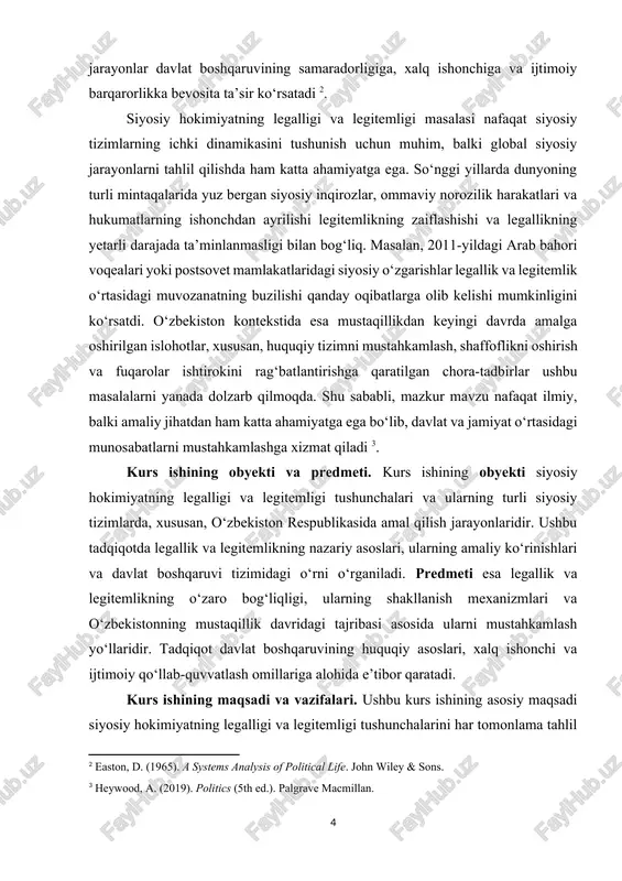 , xususiyatlari va ularning siyosiy tizimdagi o‘rnini aniqlash. ikkinchidan, ushbu tushunchalarni klassik va zamonaviy siyosatshunoslik nazariyalari, xususan, maks veberning legitemlik turlari (an’anaviy, xarizmatik va ratsional-huquqiy) va devid istonning siyosiy tizimlar tahlili asosida o‘rganish. uchinchidan, turli siyosiy tizimlarda, masalan, demokratik, avtoritar va o‘tish davridagi davlatlarda legallik va legitemlikning amaliy ko‘rinishlarini solishtirib tahlil qilish. to‘rtinchidan, o‘zbekiston respublikasining mustaqillik davridagi tajribasi asosida ushbu tushunchalarning o‘ziga xos xususiyatlarini va ularni mustahkamlash yo‘llarini aniqlash. tadqiqot jarayonida global va mahalliy tajribalar solishtiriladi, bu esa mavzuni kengroq kontekstda yoritishga imkon beradi. shu bilan birga, o‘zbekistonda amalga oshirilayotgan islohotlarning legallik va legitemlikka ta’siri alohida e’tibor markazida bo‘ladi [footnoteref:4]. [4: beetham, d. (1991). the legitimation of power. macmillan.] kurs ishi metodologiyasi. tadqiqotda bir nechta ilmiy usullar qo‘llaniladi, bu esa mavzuni har tomonlama va chuqur o‘rganish imkonini beradi. adabiyotlar tahlili usuli orqali legallik va legitemlikka oid nazariy asoslar, shu jumladan, klassik va zamonaviy siyosatshunoslarning ishlanmalari o‘rganiladi. solishtirma tahlil usuli turli …