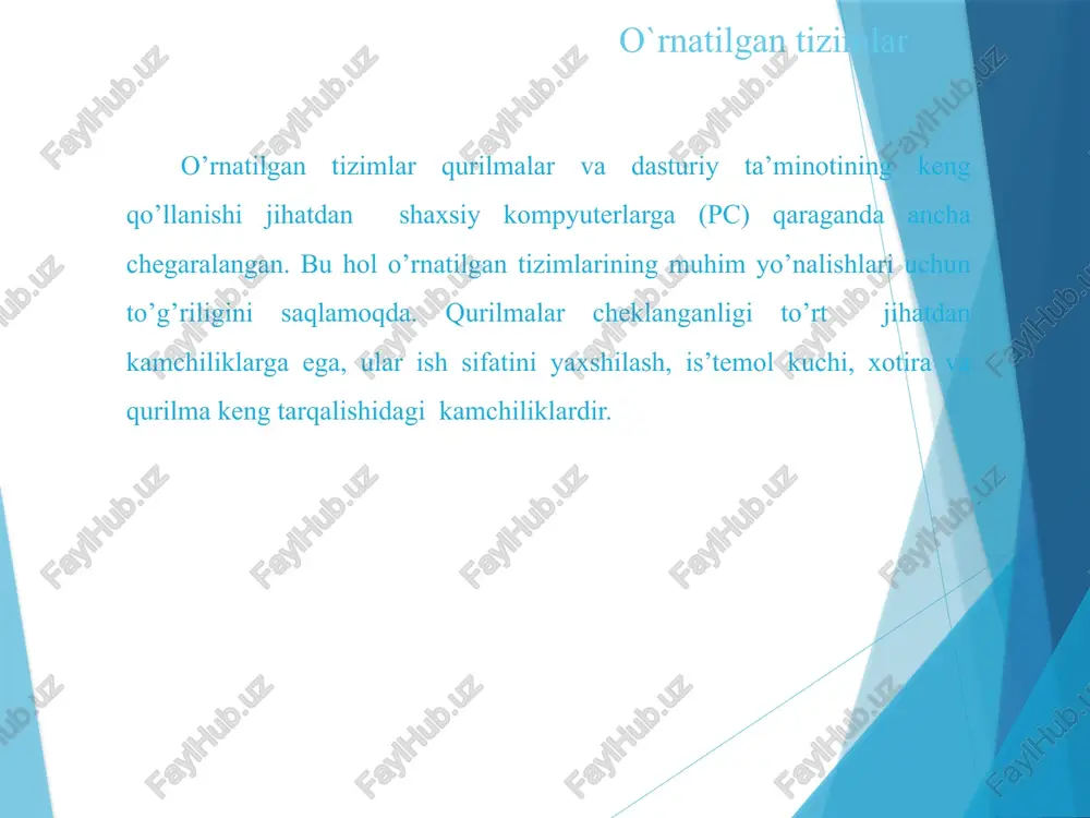 rni mashina tiliga olib ko’rsatish. bu bosqichda sintaktik xatolar aniqlanadi. dastur listingidagi sintaktik xatolarni fortran, paskalp tilidagi ko’ramalar deagnostik xabar beradi. xatolar xaqidagi xabarlar har xil evm larda va tizim versiyalarida (fortran, paskalp, beysik) shakliga qarab har xil bo’lishi mumkin. o`rnatilgan tizimlar foydalanilgan adabiyotlar a.a. abduazizov. elektr aloqa nazariyasi. – t.: “nashr-matbaa”, 2013y. - 366 b. a.a. abduazizov, m.m. muxitdinov, ya.t. yusupov. radiotexnik zanjirlar va signallar. –t.: “sams asa”, 2012y. - 480 b. a.a. abduazizov. elektr aloqa nazariyasi. t.: fan va texnologiyalar, 2010. abduazizov a.a., faziljanov i.r., yusupov ya.t. signallarga raqamli ishlov berish. – t.: cho’lpon nomidagi nmiu, – 2013y. –160 b. proks dj. sifrovaya svyaz– m: radio i svyaz, 2000. o`rnatilgan tizimlar image1.png