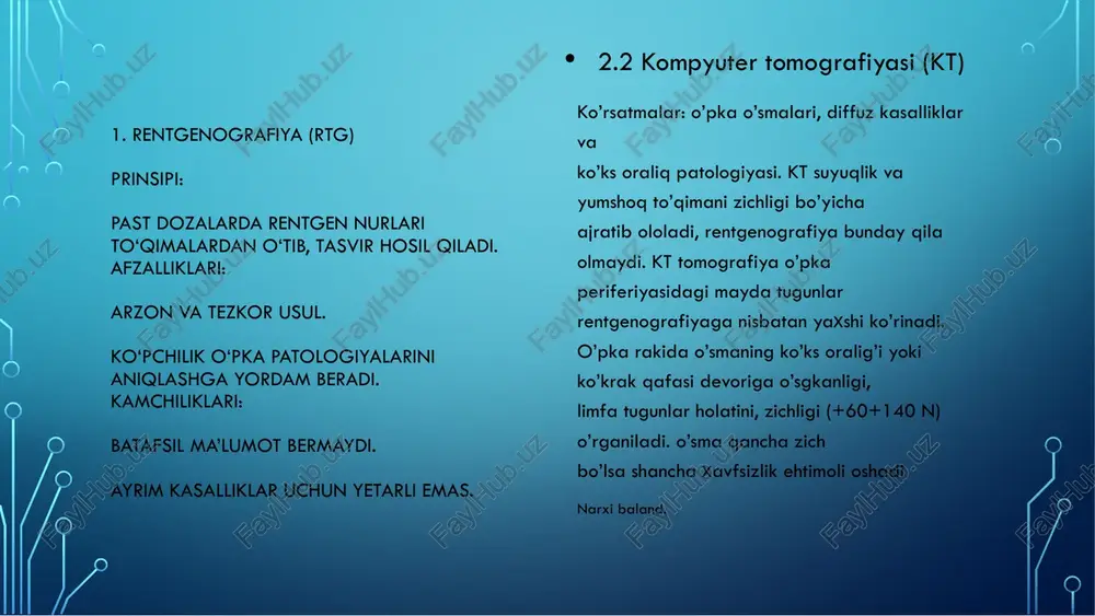 tkir konturlarga ega segmentar qorayish → atelektaz. • chegaralangan qorayish sababini aniq bilish uchun quyidagi tekshiruvlar o‘tkaziladi: • ✅ kompyuter tomografiya (kt) – yanada aniq tasvir olish va zichlikni baholash. • ✅ bronxoskopiya – bronx ichiga kamera kiritish orqali shilliq pardalarni tekshirish. • ✅ suyuqlik yoki to‘qima biopsiyasi – o‘sma yoki infeksiya borligini aniqlash uchun. • ✅ qon tahlillari – yallig‘lanish yoki infektsiya borligini baholash. • keng tarqalgan yorug‘lanish sindromi – bu o‘pkaning rentgenografiya yoki kompyuter tomografiyasida (kt) odatdagidan ko‘ra yorug‘roq (gipotransparent) ko‘rinishi bilan tavsiflanadigan holat. bu sindrom o‘pka to‘qimalarining havo bilan haddan tashqari to‘lishi yoki zichligining pasayishi natijasida yuzaga keladi. • asosiy sabablari • 1. o‘pka emfizemasi • 3. bulloz kasallik (bullalar hosil bo‘lishi) • o‘pkaning ayrim qismlarida katta havo to‘plamlari (bullalar) shakllanadi, bu o‘pkaning o‘zidan ko‘ra kam zich bo‘lib, rentgenografiyada yorug‘ maydon sifatida ko‘rinadi. • sabablari: irsiy emfizema, chekish, surunkali bronxit. • 4. gipovaskulyar o‘pka sindromi • o‘pka …