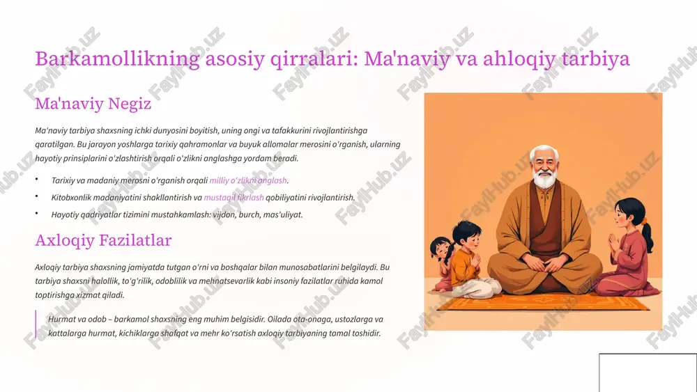 lanadi. jamoatchilik (mahalla) roli 7 ta'lim muassasalarining vazifalari va imkoniyatlari 1 bilim berishdan ko'ra ko'proq maktablar shunchaki bilim beruvchi joy emas, balki shaxsning ijobiy ijtimoiy-axloqiy yo'nalishini shakllantiruvchi markaz bo'lishi kerak. o'quv jarayoni tarbiyaviy maqsadlar bilan chambarchas bog'liq bo'lishi lozim. 2 o'qituvchining o'rni o'qituvchi nafaqat bilim manbai, balki yoshlar uchun ma'naviy-axloqiy namuna va ustozdir. pedagogning bilimdonligi, professional mahorati va shaxsiy fazilatlari o'quvchilar kamolotiga bevosita ta'sir etadi. 3 rivojlantiruvchi muhit ta'lim muassasalarida har tomonlama rivojlanish uchun sharoit yaratilishi shart: sport to'garaklari, san'at studiyalari, texnik ijodiyot klublari va ijtimoiy loyihalar yoshlarning qobiliyatlarini ochishga yordam beradi. ta'lim muassasalari yoshlarni zamonaviy kasblarga tayyorlash bilan birga, ularni hayotiy ko'nikmalar (soft skills), masalan, jamoada ishlash, muloqot qilish, stressni boshqarish va yetakchilik qobiliyatlarini rivojlantirishga o'rgatishi kerak. 8 milliy qadriyatlar va an'analarning tarbiyaviy ahamiyati tarixiy meros amir temur, alisher navoiy, mirzo ulug'bek kabi buyuk ajdodlarimizning hayot yo'li va g'oyalari yoshlar uchun ibrat maktabidir. ularning ilmiy, madaniy va davlat boshqaruvi …
