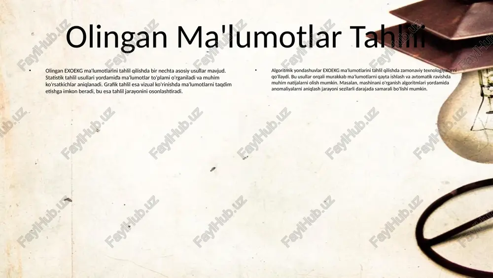 shi mumkin. texnologiyalarni rivojlantirish, masalan, sun'iy intellekt va mashinani o'qitish, exoekg signalidan olinadigan ma'lumotlarni yanada chuqurroq tahlil qilish imkoniyatlarini taqdim etadi. yangi tadqiqotlar, masalan, exoekg signalining individual bemorlar uchun moslashtirilgan tahlilini taklif etadi. bu, o'z navbatida, tibbiyotda shaxsiylashtirilgan yondashuvlarni kuchaytiradi. tadqiqotlar shuningdek, exoekg signalini boshqa biomarkerlarga integratsiyalash orqali kompleks tahlil usullarini o'rganishga qaratilgan. kelajakdagi imkoniyatlar, jumladan, exoekg signalidan foydalanish orqali sportchilarning jismoniy holatlarini nazorat qilish va ularni sog'lomlashtirishga qaratilgan tadqiqotlar. bunday tadqiqotlar sport tibbiyotida yangi standartlarni o'rnatishi va professional sportchilarning samaradorligini oshirishga imkon yaratishi kutilmoqda. xulosa 1. exokg signallari va ularning ahamiyati: exoekg signallari yurak faoliyatini kuzatish va tahlil qilishda muhim rol o'ynaydi. ular klinik muammolarni aniqlashda yordam beradi. 2. olingan ma'lumotlar tahlili: exokg ma'lumotlari statistik, grafik va algoritmik tahlil usullari orqali o'rganiladi. bu usullar tahlil natijalarini aniq va tushunarli ko'rsatadi. 3. tahlil jarayoni: exokg signallarini yig'ish, tozalash va tahlil qilish jarayonlari samarali va ishonchli natijalar berish uchun muhimdir. 4. …
