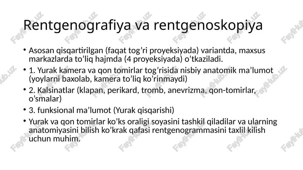 tomografiya kamchiliklari radiatsion yuklama – kt tekshiruvlari rentgen nurlari orqali amalga oshirilgani uchun nisbatan yuqori darajadagi nurlanish ta’siriga ega. kontrast modda bilan bog‘liq xavflar – ayrim bemorlarda kontrast modda allergik reaksiya yoki buyrak yetishmovchiligi xavfini oshirishi mumkin. narxi yuqori – ba’zi joylarda mrt yoki oddiy rentgendan qimmatroq bo‘lishi mumkin. homilador ayollar uchun tavsiya etilmaydi – radiatsiya ta’siri homilaga zarar yetkazishi mumkin. yumshoq to‘qimalarni tasvirlashda mrtdan pastroq aniqlik – ayniqsa, miya va orqa miya kabi yumshoq to‘qimalarni o‘rganishda mrt afzalroq bo‘lishi mumkin. tug’ma poroklar gemodinamikasi. tug’ma poroklar 2 guruhga bo’linadilar ok va ko’k poroklar. oq poroklarda (botallo yo’li. qorincha va bo’lmacha aro to’siq defekti) qon chapdan o’nga tashlanadi, aortaga kam qon keladi – bemorlar rangi oqimtir bo’ladi. ko’k poroklarda (fallo tetradasi) qon o’ngdan chapga tashlanadi aortaga venoz qon qo’shiladi va bemorlar rangi sianotik bo’ladi. oq poroklar gemodinamikasi. . qon chapdan o’nga tashlangani tufayli o’pkaga ko’p qon keladi (gipervolemiya) va gipertenziya rivojlanadi. …