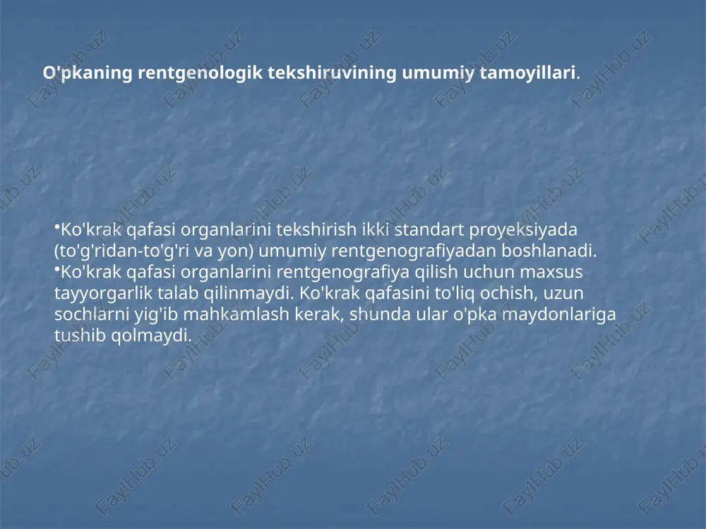 : suratlarda butun ko‘krak qafasi tasviri olinishi kerak, to‘sh suyagi chekka holatda joylashishi lozim va qovurg‘alar aniq konturlarga ega bo‘lishi kerak. o‘pkaning cho‘qqilarining tasvirlari ✅ snimkning maqsadi: o‘pka cho‘qqilarining holatini maqsadli o‘rganish, ko‘pincha sil kasalligi shubhasida. ✅ bemorning holati: tik turgan yoki o‘tirgan holda, yelkalari tushirilgan, qo‘llari pastga tushirilgan, tanasi biroz oldinga egilgan, iyagi yuqoriga ko‘tarilgan. ✅ kassetaning joylashuvi: vertikal holda, o‘lchami 24x30 sm. ✅ markaziy nurlanish nuri: 30 daraja burchak ostida o‘pka cho‘qqilari orqali kassetaning markaziga yo‘naltiriladi. ushbu usul sil kasalligining dastlabki belgilarini aniqlashda muhim rol o‘ynaydi. ✅ o‘pka cho‘qqilarining orqa proyeksiyadagi rentgen tasviri 📌 bemorning holati: tik turgan yoki o‘tirgan holatda bajariladi. bemor yelkalari pastga tushirilgan va biroz oldinga egilgan holda orqasi bilan stendga suyanadi. 📌 markaziy nurlanish nuri: 30 daraja burchak ostida kranio-kaudal yo‘nalishda (yuqoridan pastga) o‘pka cho‘qqilari orqali kassetaning markaziga yo‘naltiriladi. bu usul o‘pka cho‘qqilarida patologik o‘zgarishlarni batafsil ko‘rib chiqishda muhim ahamiyatga ega. valsalva testi — …