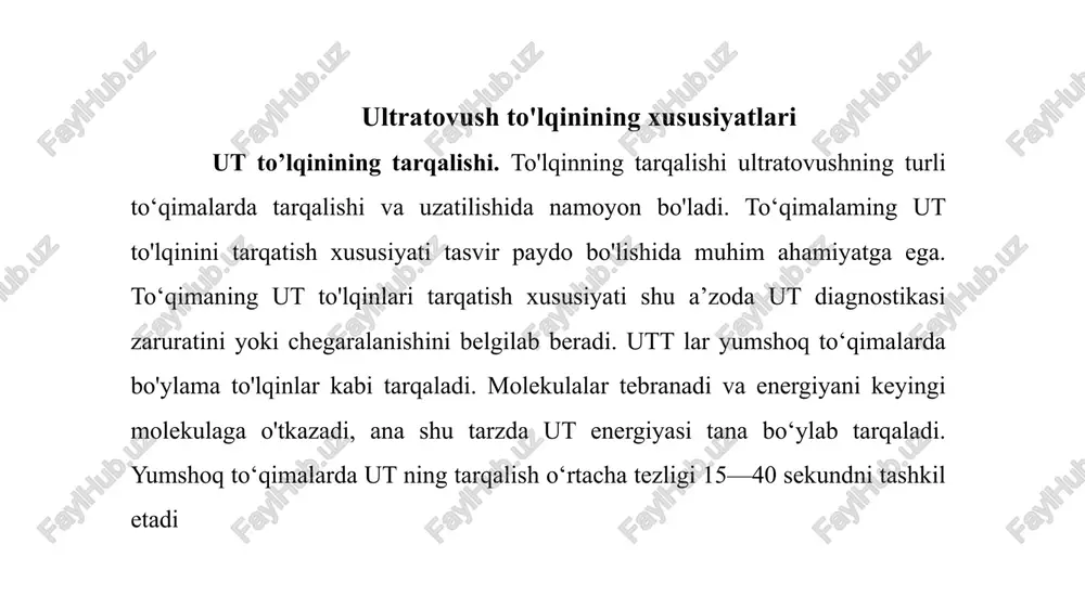 nida yuqori chastotali tovush to’lqinlari bachadonga yuboriladi. boladan qaytgan tovushlar va aks sado kompyuter tomonidan tarjima qilinib ekranda bolaning joylashishi va harakatlari namoyon bo’ladi. suyak kabi qattiq jismlar ko’proq to’lqin qaytargani sababli oq rangda ko’rinadi, yumshoqroq jismlar esa kulrang va ola tusda bo’ladi. bolani o’rab turgan suvlar kabi suyuqliklar aks sado qaytarmaydi va qora rangda ko’rinadi. mana shu uch rang orasidagi kontrast orqali shifokor-mutaxassis ko’rinishlarni taxlil qiladi. ko’pgina ota-onalar ultratovush tekshiruvini intiqlik bilan kutadilar, chunki bu ularga bo’lajak farzandlari bilan ilk tanishuv imkonini beradi. ultratovush qurilmasining tarkibiy qismlari: monitor. generator qabul qiluvchi qurilmasi. datchik. printer. kabel. ulanish manbasi https://images.app.goo.gl/jartgzzozpedjezh6 qurilmani boshqa joyga ko'chirish va o‘rnatish uchun: manbani o‘chiring va periferik mexanizmni ulang. sistemani qo’lqop bilan ushlagan holda aralashtiring. qurilmani xohlagan holatda o‘rnating orqadan va mashinaning ikkala tomonidan 20 sm bo‘sh joy qoldiring https://images.app.goo.gl/mvqm3qcqggmljsqpa manbani o‘chirish. qurilmadan foydalanib bo‘lgandan keyin uni, albatta, o‘chirish kerak. bu quyidagi bosqichlarda olib boriladi: datchikni qo‘lda …
