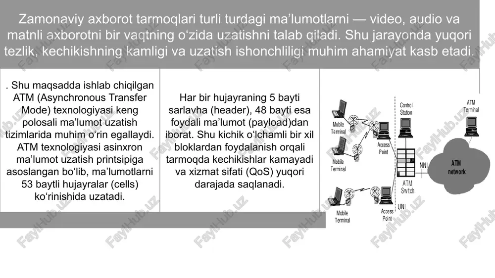 a bo‘lib xizmat qiladi. multimedia tizimlarida atm kechikishlarni kamaytirib, uzatish jarayonini silliq qiladi. shu sababli u dastlab raqamli televideniye, videokonferensiyalar va telefon aloqasida keng qo‘llanilgan. atmning yuqori tezlikdagi ma’lumot uzatish imkoniyati tarmoq sifatini oshirgan. bugungi kunda esa bu texnologiya ko‘p hollarda asosiy tarmoq infratuzilmasining bir qismi sifatida ishlatiladi. atm texnologiyasining afzalliklari va mavjud muammolari atm texnologiyasi yuqori tezlik, barqaror aloqa va xizmat sifati (qos)ni kafolatlaydi. u bir vaqtning o‘zida turli turdagi trafiklarni – ovoz, video, ma’lumot – uzata oladi. tarmoq resurslaridan samarali foydalanish atmning eng muhim ustunligidir. ammo uning murakkab konfiguratsiyasi va yuqori xarajatlari keng tarqalishini cheklab qo‘ydi. shuningdek, ip asosidagi texnologiyalarning arzon va moslashuvchanligi atmni siqib chiqardi. shu bilan birga, u yirik korporativ va operator tarmoqlarida hali ham muhim ahamiyat kasb etadi. atm tarmoqlarining ip texnologiyalari bilan integratsiyasi va rivojlanish istiqbollari atm tarmoqlari ip texnologiyalari bilan integratsiyalash orqali yangi imkoniyatlarga ega bo‘ldi. ip over atm yondashuvi internet trafigini yuqori …