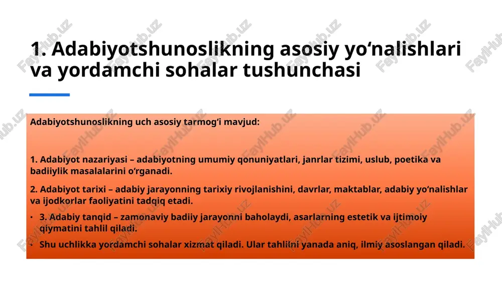 bekchaga tarjimasidagi poetik talqinlar shunday tadqiqotlarda tahlil qilinadi.h) adabiy terminologiya va metrologiyaadabiy terminologiya adabiyotshunoslikda ishlatiladigan ilmiy tushunchalar tizimini ishlab chiqadi.metrologiya esa adabiyotdagi o‘lchovlar, qofiya tizimi, she’riy vaznlarni o‘rganadi. yordamchi sohalarning o‘zaro bog‘liqligi bu yordamchi fanlar bir-biridan ajralgan holda emas, balki o‘zaro uzviy aloqada rivojlanadi. masalan: matnshunoslik manbashunoslik bilan bog‘liq — chunki ishonchli manbasiz matnni tiklab bo‘lmaydi. stilistika poetika bilan birlashadi — yozuvchi uslubi badiiy shakl orqali ifodalanadi. tarjima nazariyasi komparativistika bilan tutashadi — tarjima jarayonida madaniyatlararo ta’sirni tahlil qilish zarur. yordamchi fanlarning amaliy ahamiyati adabiyotshunoslikning yordamchi sohalari:adabiy merosni ilmiy asosda nashrga tayyorlashni ta’minlaydi;yozuvchi uslubini aniqlashda tahliliy yondashuv beradi;xalqaro adabiy aloqalarni o‘rganish imkonini yaratadi;o‘quvchilar, talaba va tadqiqotchilarga adabiy manbalarni to‘g‘ri tushunishga yordam beradi. xulosa xulosa qilib aytganda, adabiyotshunoslikning yordamchi sohalari bu fan tizimining tayanch ustunlari hisoblanadi. ular yordamida badiiy matnni yanada chuqurroq tahlil qilish, adabiy merosni ilmiy asosda o‘rganish, shuningdek, zamonaviy adabiy jarayonni baholash mumkin bo‘ladi.bugungi kunda matnshunoslik, stilistika, komparativistika, tarjima …