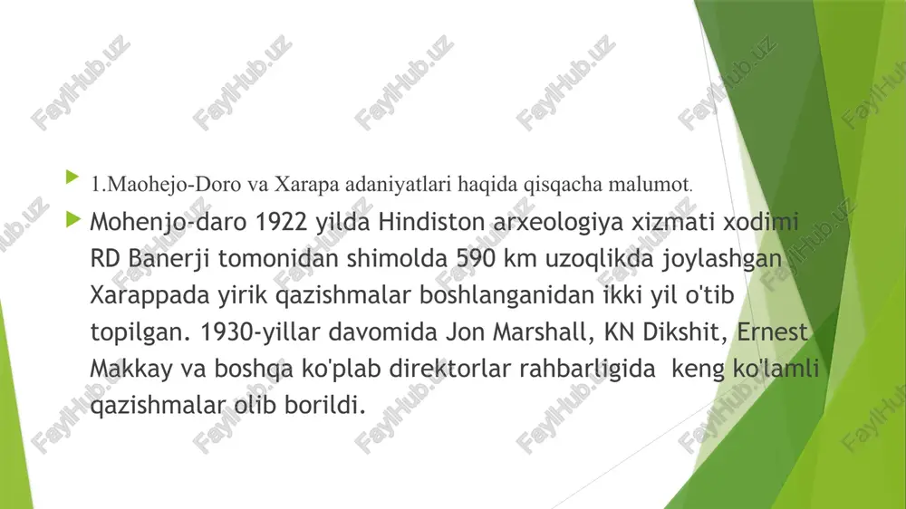 orliklar ochilgan. unda odamlar, ov sahnalari tasvirlangan. singapur san'atida odam obrazi katta joy egallaydi. hindistonda g‘or rangtasviri yo‘q, negaki butun rangtasvir g‘or ichida emas balki tosh qoyalarining yon bag'riga yoki tekis joylarga solingan. ko‘pdan-ko‘p qadimgi rasmlar mirzapur, kaymur toglari qoyalaridan topilgan. hindlarning haykaltaroshlikda qadimgi ijodkorlarning ichki dunyosi ko'rinadi. haykaltaroshlik odamlar, hayvonlar to'g'ri va hayotiy tasvirlangan. bronzadan yasalgan buqa figurasi moxendjo-darodan topilgan bo'lib, u go‘yo tirikday tuyuladi. xarappadan erkak odamning qizil ohakdan yasalgan haykalchasi topilgan. uni juda katta usta yasagan!igidan dalolat beradi. muhrlar steatit, fil suyagi va loydan layyorlangan. ba’zi muhrlarda butun kompozitsiyalar ifodaiangan. moxendjo-daro arxitekturasi oddiy, ratsional, mustahkam. bu shaharda katta jamoa uch qavatli binolar mavjud bo’lib, ular kuydirilgan g'ishldan terilgan. shahar to g'ri planirovkalidir. badavlat odamlarning uylari ko‘p xonali bo'lib, suv va kanalizatsiya bilan jihozlangan. 4.madaniyatlarning qulashiga olib kelgan sbablar. miloddan avvalgi 2- ming yillikning o'rtalarida mohenjo-daroga bosqinchilar hujum qilishdi, ular shaharni bosib o'tib, keyin o'liklarni yiqilgan joyda qoldirib …