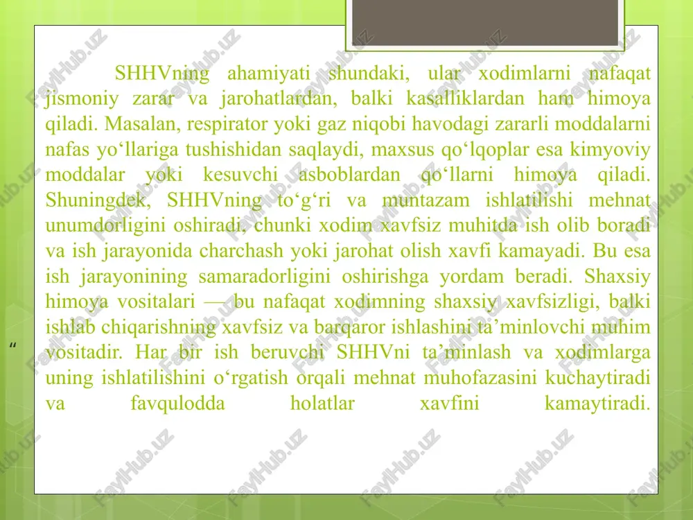 yida xodimlarni havodagi zararli moddalar, chang, kimyoviy moddalar va namlikdan himoya qilish uchun nafas olish va tana himoyasi vositalari ishlatiladi. nafas olish organlarini himoya qilish uchun respiratorlar, gaz niqoblari va boshqa filtrli vositalar ishlatiladi. bu vositalar havodagi zararli zarralarning nafas yo‘llariga tushishining oldini oladi va xodimlarni o‘pka kasalliklaridan himoya qiladi. tana himoyasi uchun maxsus kiyimlar, kombinezonlar, fartuklar va boshqa himoya vositalari ishlatiladi. ular tanani chang, kimyoviy moddalar, issiqlik va boshqa zararli ta’sirlardan qamrab himoya qiladi. ishlab chiqarish jarayonida to‘liq tana himoyasi xodimga xavfsiz ish sharoitini yaratadi va jarohatlanish xavfini sezilarli darajada kamaytiradi. shaxsiy himoya vositalarining ushbu turi xodimni xavfli omillardan samarali himoya qilish bilan birga ish jarayonining samaradorligini oshiradi. to‘g‘ri tanlangan va muntazam ishlatiladigan himoya vositalari xavfsiz va sog‘lom ish muhitini ta’minlaydi. 9 shaxsiy himoya vositalaridan foydalanish tartibi va qoidalari. ish joyida shaxsiy himoya vositalaridan (shhv) to‘g‘ri foydalanish mehnat xavfsizligi tizimining eng muhim qismidir. har bir xodim o‘z ish turiga …