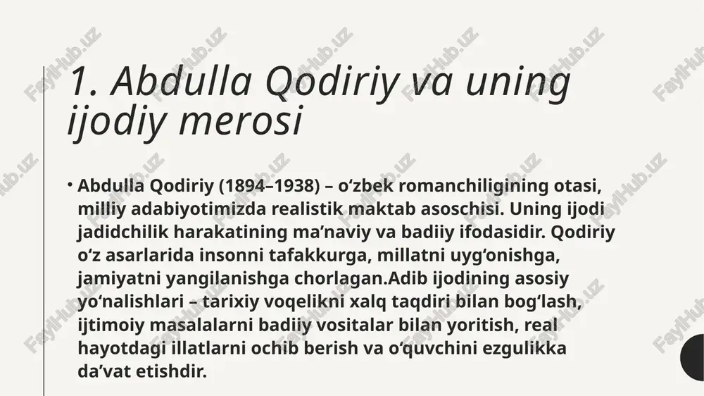 id o‘z manfaatini jamiyat, vijdon va or-nomusdan ustun qo‘yadi. shu jihatdan u xix asr oxiridagi o‘zbek jamiyatidagi axloqiy inqiroz va ma’naviy tanazzulning badiiy ko‘rinishidir. qodiriy homid orqali xalqni ogohlantiradi: jaholat, riyo va manfaatparastlik millatni yemiruvchi illatlardir. 5. “o‘tgan kunlar” romanining ifodali o‘qishdagi ahamiyati ifodali o‘qish darslarida “o‘tgan kunlar” asarini o‘qish o‘quvchilarni badiiy so‘z jozibasini his etishga, obrazlarning ruhiy holatini to‘g‘ri aks ettirishga o‘rgatadi.masalan, otabek va kumush o‘rtasidagi suhbatlar, kumushning o‘lim sahnasi, yusufbek hoji monologi ifodali o‘qish mashqlarida chuqur hissiy ta’sir ko‘rsatadi.quyidagi parcha bunga yorqin misol bo‘la oladi: “kumush yuzini burib, ko‘zlariga yosh oldi. otabek esa uning ko‘zidagi yoshni ko‘rib, yuragida bir og‘riq sezdi. u hayotining eng og‘ir qarorini o‘sha daqiqalarda qabul qilgandek edi.” bu satrlarni ifodali o‘qish orqali o‘quvchilar inson kechinmalarini, muhabbatning nozik tuyg‘ularini, fojeaning chuqur mazmunini his etadilar. bu nafaqat badiiy nutqni, balki his-tuyg‘u, ovoz ohangi, pauza va urg‘u kabi ifodaviy vositalarni o‘rgatadi. xulosa. “o‘tgan kunlar” romani o‘zbek adabiyotining …