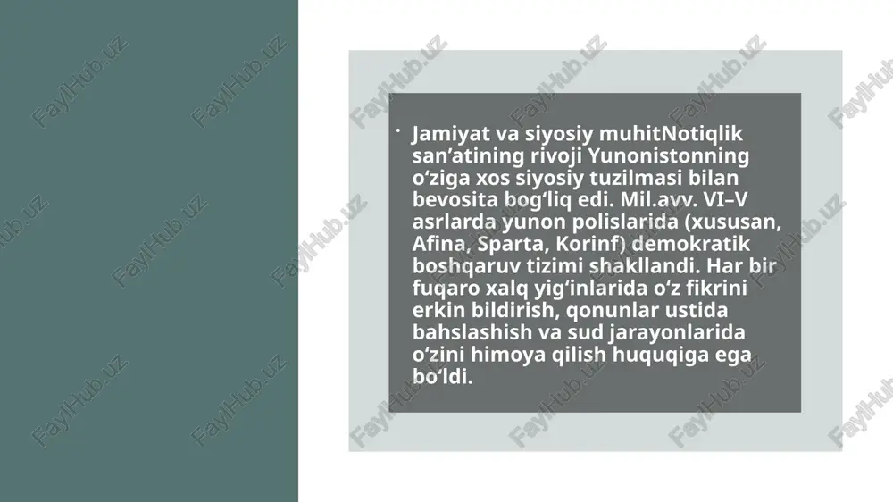 5–380 mill.avv.) lysiy sud notiqligining ustozi sanaladi. uning 34 ta nutqi saqlangan. u sodda, tabiiy va mantiqiy uslubda gapirgan. lysiy notiqligida dalillar, misollar va ehtiroslar o‘rtasidagi muvozanat muhim o‘rin tutadi. 3. demosten (384–322 mill.avv.) demosten yunon notiqligining eng buyuk timsoli. u filippikalar (makedoniyalik filippga qarshi nutqlar) bilan mashhur bo‘ldi. demostenning nutqlari: siyosiy jasorat, vatanparvarlik, so‘zning kuchiga bo‘lgan ishonch bilan to‘la. rivoyatlarga ko‘ra, u bolaligida duduqlanib gapirgan, lekin har kuni dengiz bo‘yida tosh og‘ziga solib mashq qilib, buyuk notiq darajasiga ko‘tarilgan. bu voqea nutq mehnati va iroda qudratining timsoli bo‘lib qolgan. notiqlikning turlari va uslublari yunonlar notiqlikni turlar va uslublarga ajratgan: (turi maqsadi misol) sud notiqligi himoya yoki ayblov lysiy, antifontsiyosiy notiqlik xalq yig‘inlaridagi maslahat perikl, demostentantana (epideiktik) marosim, maqtov isokrat, gorgiyuslublar esa uchta darajada baholangan:1. yuqori uslub (sublime) – ruhlantiruvchi, dramatik (demosten);2. o‘rta uslub – ta’sirli, muvozanatli (isokrat);3. past uslub – sodda, xalqona (lysiy). yunon notiqligining madaniy va siyosiy ahamiyati …