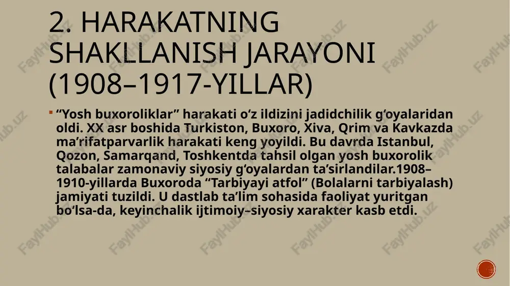 mustaqillik va davlatchilik tamoyillarining shakllanishida beqiyos rol o‘ynadi.bugungi o‘zbekiston tarixida ular — ma’rifat, jasorat va milliy uyg‘onish ramzi sifatida e’tirof etiladi. foydalanilgan adabiyotlar 1. fitrat a. buxoro madaniyati. – toshkent, 1923. 2. ayniy s. esdaliklar. – dushanbe, 1954. 3. islomov b. yosh buxoroliklar harakati tarixi. – toshkent, 2005. 4. karimov i.a. tarixiy xotirasiz kelajak yo‘q. – toshkent, 1998. 5. rustamov sh. jadidchilik va yosh buxoroliklar harakati. – toshkent, 2012. image4.png image3.png image5.jpeg image6.jpeg image7.jpeg image8.jpeg media1.mp4 image9.png image2.png /docprops/thumbnail.jpeg