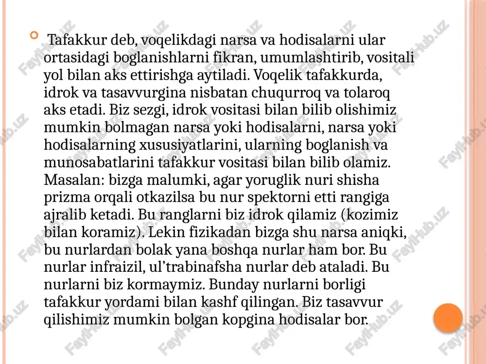 akkur obekti boladi. bir narsaga tayanmagan quruqdan - quruq tafakkur bolishi mumkin emas. taqqoslash, tahlil va sintez, abstraktsiya va umumlashtirish, tasniflash va tizimga solish aqliy operatsiyalarning asosiy turlaridir. bizda yangi hukmlar ana shu operatsiyalar jarayonida hosil boladi, real olamdagi narsalar va hodisalar tog`risidagi tushunchalar vujudga keladi. taqqoslash. taqqoslash shunday bir aqliy operatsiyadirki, bu operatsiya ayrim narsalar ortasidagi oxshashlikni yoki tafovutni, tenglikni yoki tengsizlikni, bir xil yoki qarama - qarshilik borligini aniqlashda ifodalanadi. narsalarning oxshashligi yoki tafovuti dastlab bevosita sezgilarda va idroklarda aks etadi. taqqoslash fikr qilish jarayoni idrok qilinayotgan narsalarning oxshashligi yoki tafovutni aniqlash lozim bolganda, yoxud sezgilarda va idrokda bevosita aks etmagan oxshashlik va tafovutni topish lozim bolgan hollarda voke boladi. amaliy taqqoslash bir narsani ikkinchi bir narsaga solishtirib korilayotganda, masalan: bir qalamni ikkinchi bir qalamga, olchov chizigini taxtaga va shu kabilarga solishtirib korilayotganda sodir boladi. taqqoslash tasavvur qilinayotgan yoki oylanilgan narsalarni bir -biriga fikran solishtirib korish yoli bilan …