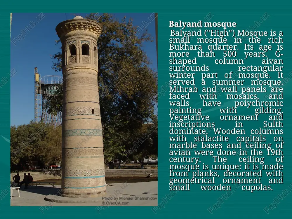 ara madrassah, established by ma'sud-beg, mongolian minister and muslim. sheikh was buried in fatkhabad.the mausoleum above his tomb arose at the end of the 13th century. dome building of khanaka with portal was buiit in the 14th century. khanaka had been operating till the end of 18th century. mausoleum of buyan kuli khan (late 14th c., 15th or 16th c.) lyabi-hauz (lit. "shore of pool") is very popular among travelers. it is the largest artificial reservoir of medieval bukhara. it was installed around 1620 between khanaka and madrassah, constructed by the order of khan's vizier nadir divan-beghi. the two new buildings and kukeldash madrassah had formed a perfect architectural ensemble with reservoir in the middle. the pool is of 42 m in length, 36 m in width and about 5 m in depth. lyabi-hauz has stone steps by which bukhara watermen went down to take water. khanaka and madrassah of …