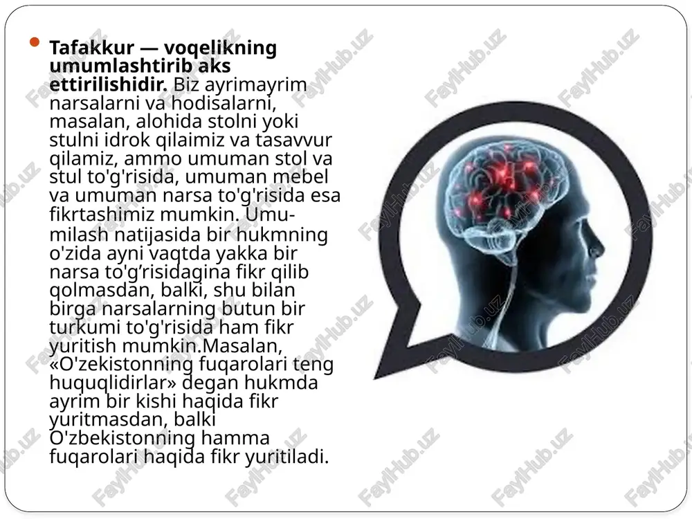 nsonning bilish faoliyatida aloshida ahamiyatga ega. psixologiyada xulosa chiqarish jarayonida foydalanilgan tayyor hukmlar asoslar deyiladi, ularning tashlil qilib chiqarilgan yangi hukmni esa xulosa deb atash qabul qilingan. xulosa chiqarish shunday tafakkur shakldirki, bu shakl vositasi bilan biz ikki yoki undan ortiq hukmlardan yangi hukm shosil qilamiz. xulosa chiqarish uch turga bo’linadi: induktiv, deduktiv va analogiya. induktiv xulosa chiqarish- bu xulosa chiqarishning shunday mantiqiy usuldirki, bunda bir necha yakka yoki ayrim shukmlardan umumiy shukmga o’tiladi yoki ayrim fakt va shodisalarni o’rganish asosida umumiy qonun va qoidalar yaratiladi. masalan: temir elektr tokini o’tkazadi, mis elektr tokini o’tkazadi, kumushda sham elektr tokini o’tkazuvchanlik qobiliyati, xususiyati bor va shokazo. inson yuqoridagi shukmlardan yangi umumiy shukm (xulosa) chiqarib, demak, "metallarning shammasi elektr tokini o’tkazadi" degan yangi shukm chiqariladi. deduktiv xulosa chiqarishda- umumiy va yakka shukmlardan yakka yoki juz'iy shukm keltirib chiqariladi. uning nerv fiziologik asosi birinchi va ikkinchi signal sistemalarining oʻzaro munosabatidan iborat. tafakkur jarayonida …