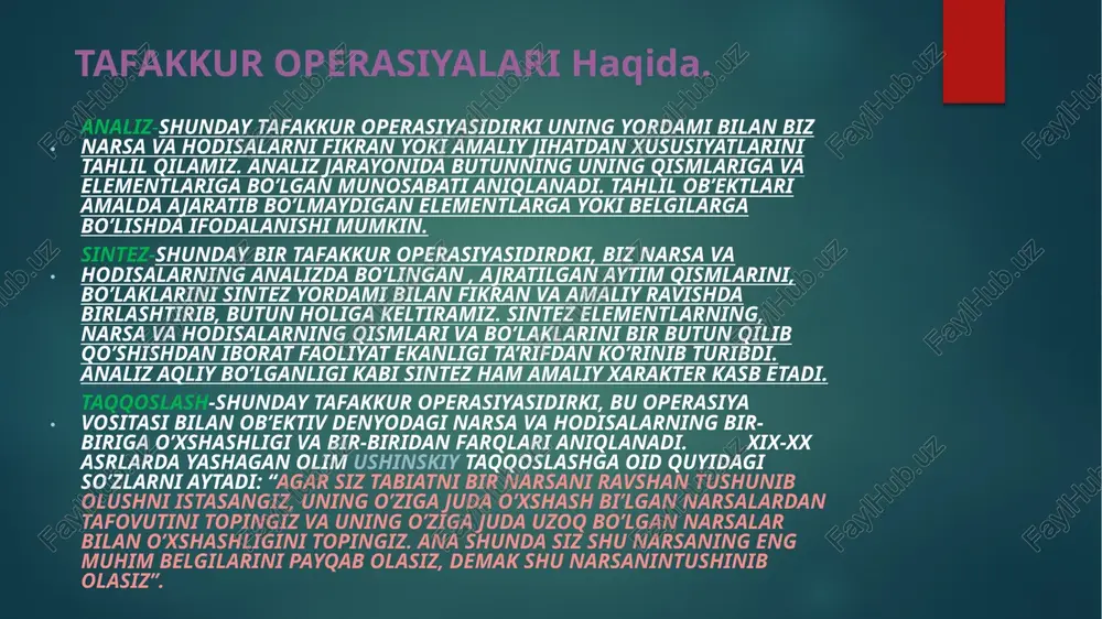 ki ayrim fakt va hodisalarni o’rganish asosida umumiy qonun va qoidalar yaratiladi. deduktiv xulosa chiqarish-umumiy va yakka hukmlardan yakka yoki juz’iy hukm keltirib chiqariladi. misol uchin, barcha metallar ekeltr tokini o’tkazadi. temir metall. demak, temir ham elektr tokini o’tkazadi. anloiya xulosa chiqarishning shunday shakliki, bunda biz bir ikki predmentning ba’zi bir belgilari o’xshashligi to’g’risida xulosa chiqaramiz. analogiya-deb narsa va hodisalarning bir biriga o’xshash bo’lgan ba’zi belgilariga qarabgina huk yuritishdan iborat xulosa shakliga aytiladi. analogik usulda chiqarilgan xulosa chin, taxminiy, yolg’on bo’lishi mumkin. tushunchalar-deganda biz narsa va hodisalarning eng muhim va eng asosiy xususiyatlarini aks ettirishni tushunamiz. tushunchalar hukmlardan tarkib topadi. tushunchalar ko’lami jihatidan 3 turga bo’linadi:yakka tushunchalar, umumiy tushunchalar, to’planma tushunchalar. yakka tushunchalar-yakka narsa va hodisa haqidagi tushunchalardir. bunday tushunchalarga sohibqiron amir temur, mirzo ulug’bek, sirdaryo tushunchalarni misol keltirsak bo’ladi. umumiy tushunchalarda bir jinsda bo’lgan ko’p narsa va hodisalar gavdalantiriladi. masalan, kitob, maktab, yulduz, talaba va boshqalar. to’planma tushunchalar- bir …
