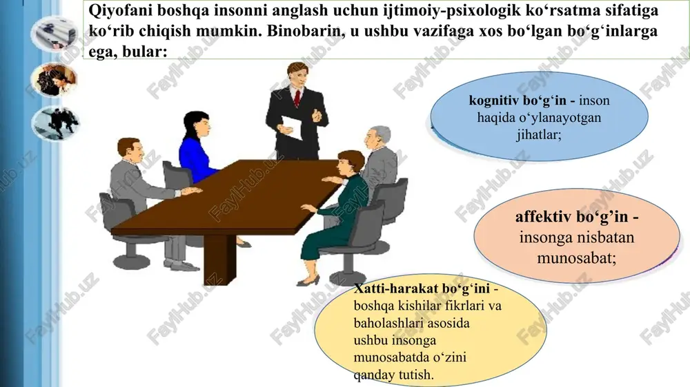 hbu bosqichda qiyofa ishlatiladigan auditoriyaning miqdor va sifat tadqiqotlari amalga oshiriladi. 3.qiyofaga xos xususiyatlarni belgilab olish. qiyofa ishlatiladigan auditoriyaga yetkazilishi zarur bo‘lgan sifatlar ro‘yxati tuzib chiqiladi. 4.mavjud va istalayotgan xususiyatlarni taqqoslash. 5.shaxs yoki tashkilot o‘z-o‘zini taqdimot qilish vositalarini tanlash. bu yerda qiyofa yaratish maqsadlarga erishish uchun yo‘naltirilgan muayyan texnikalar yaratilib olinadi. 6.obrazga kirish - qiyofani aniq hayotda aks etishi qiyofani shakllantirish bosqichlari quyidagilardan iborat: obrazga kirish bosqichlari rolli obraz hayotiy obraz ijobiy qiyofni shakllantirish texnologiyasi ijobiy munosabatni shakllantirish texnikalari yorqin va taniladigan obraz yaratish texnikalari qiyofani yuksaltirish texnikalari image1.png image2.png image3.png image4.jpeg image5.png image6.png image7.jpeg image8.png image9.png image10.jpeg image11.jpeg image12.jpeg image13.jpeg /docprops/thumbnail.jpeg