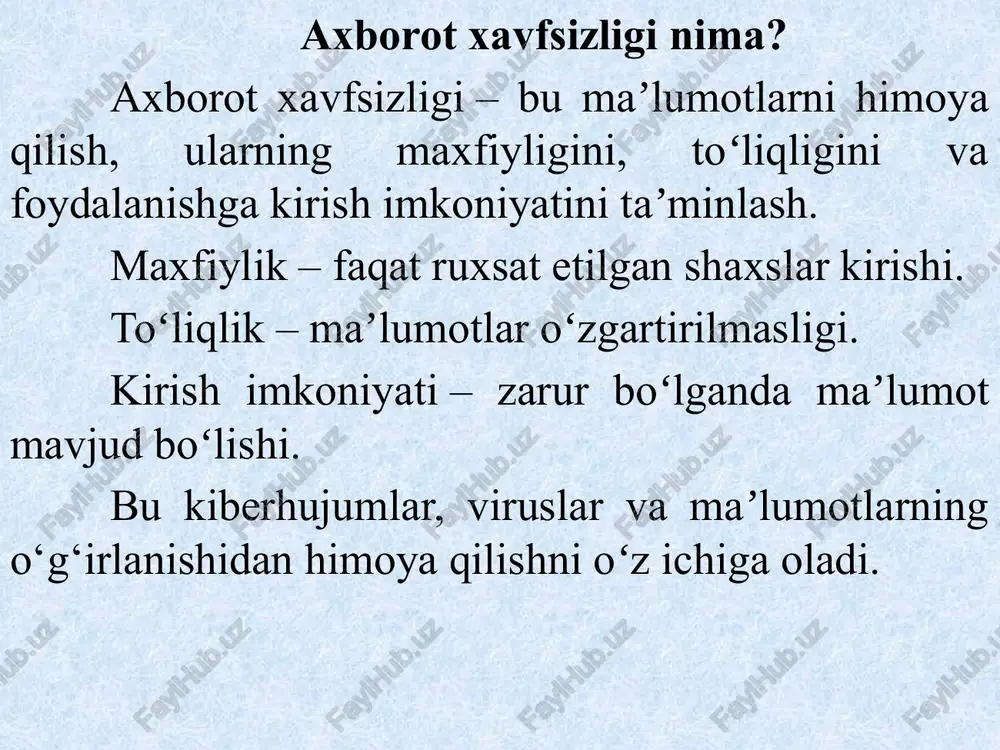 yo'qolishi yoki o'zgartirilishi mumkin. tabiiy ofatlar: yerni silkinishi, suv toshqinlari va boshqa tabiiy ofatlar ham axborot xavfsizligiga ta'sir qilishi mumkin. bunday holatlarda ma'lumotlarning zaxiralari mavjud bo'lishi kerak. 3.2. tashkiliy usullar axborot xavfsizligi siyosati: tashkilotlar o‘z ichki qoidalarini ishlab chiqishi va joriy qilishi. xodimlarni o‘qitish: xodimlar axborot xavfsizligi bo‘yicha muntazam treninglardan o‘tishi kerak. ma'lumotlarni zaxiralash: muhim hujjatlar va ma’lumotlarni xavfsiz joyda saqlash. 3.3. huquqiy usullar axborot xavfsizligi bo‘yicha qonunlar va me'yoriy hujjatlar. ruxsatsiz kirishga qarshi choralar va jazolar. axborot xavfsizligini ta’minlash uchun texnik usullar axborot xavfsizligini ta’minlash uchun bir qator texnik vositalar va usullar qo'llaniladi: shifrlash: axborotning maxfiyligini ta'minlash uchun shifrlash usullari qo'llaniladi. shifrlash, ma'lumotlarni ruxsatsiz shaxslar uchun tushunarsiz qilish orqali ularni himoya qiladi. afsuski, shifrlashsiz axborot xavfsizligi kafolatlanmaydi. kirishni boshqarish: foydalanuvchilarning tizimga kirishini boshqarish, ularning ruxsatlarini cheklash va identifikatsiya qilish usullarini qo'llash muhimdir. bu usullar parollar, biometrik tizimlar, kartalar va boshqa autentifikatsiya mexanizmlarini o'z ichiga oladi. firewalls (olov devorlari): tarmoq …