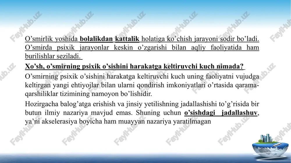 a-sekin katta odam deb his qila boshlaydi, lekin ko’p odat va xususiyatlari bolalarcha bo’lib qoladi. bu hissiyot kattalik hissi deb ataladi va o’smirlikdagi asosiy psixologik yangilikdir. bu his o’smirda o’ziga, atrof muhitga, odamlarga nisbatan yangi hissiy poziciyani yuzaga keltiradi. u bolalar xulq-atvorini kattalar xulqi va qadriyatlariga qayta orientaciya qila boshlaydi. o’smir o’z huquqlari doirasini kengaytiradi, kattalarni esa cheklashni xohlaydi. bilish jarayonlarining o’sishi. o’smirning qiziqishlari ortadi, bilish faoliyati maktab programmasidan tashqariga chiqadi, mustaqil o’qiy boshlaydi. uning tafakkurida tanqidiylik, mustaqillik hosil bo’ladi. o’qituvchi o’quvchilarga o’quv materiallarini taqqoslashni, mavhumlashtirishni, o’z fikrini to’g’ri, ravon va aniq ifodalash yo’lini tushuntirib berishlari lozim. o’smirlarning o’quv faoliyatida, o’quv materialini o’zlashtirish darajasida, umumiy intellektual rivojlanishida turli darajadagi o’quvchilarni uchratish mumkin. o’quv faoliyatidagi kamchiliklar kichik sinflarda bilinmagan bo’lsa, v-vi sinflarda o’zlashtirishi keskin farqlanadigan bolalar ko’zga tashlanib qoladi. o’smirlarda nazariy, formal va refleksiv tafakkur turlari shakllanadi. xotira, idrok jarayonlari ham intellektualizaciya bo’la boshlaydi, ya`ni o’smir o’quv materiallarini tushinib idrok qilish …