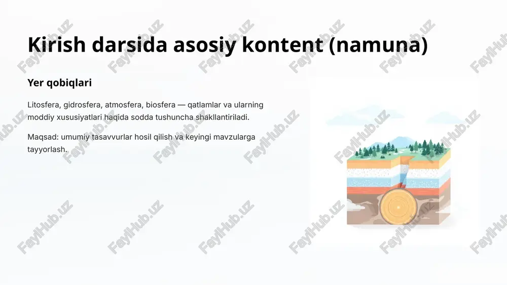 rayonini yanada samarali va qiziqarli qilishga moʻljallangan zamonaviy texnologik vositalardan biridir. ular anʼanaviy doskalar va kompyuter texnologiyalarining afzalliklarini birlashtirib, oʻqituvchilarga keng imkoniyatlar yaratadi. vizuallarni kuchaytirish dinamik grafiklar, animatsiyalar va videolarni toʻgʻridan-toʻgʻri doskada namoyish etish, bu esa mavzuni tushunishni osonlashtiradi. faol ishtirok oʻquvchilarning doskada bevosita yozish, chizish va topshiriqlarni bajarish orqali darsga faol jalb qilinishini taʼminlaydi. resurslar integratsiyasi internet, turli media fayllar va oʻquv dasturlarini doska bilan osongina bogʻlash, cheksiz resurslardan foydalanish imkonini beradi. hamkorlikni rivojlantirish bir nechta oʻquvchining bir vaqtda doska bilan ishlashiga imkon yaratadi, bu esa guruh ishlarini va munozaralarni ragʻbatlantiradi. 11 yangi mavzuni o’rganish darsi yangi mavzuni o'rganish darsi ta'lim jarayonida muhim o'rin tutadi. bu dars to'liq yangi materialni taqdim etishga qaratilgan bo'lib, o'quvchilarda mavzu bo'yicha mustahkam fundamental bilimlar poydevorini shakllantirishni maqsad qiladi. uning asosiy xarakteristikasi shundaki, bu darsda uyga vazifa tekshirish jarayoni bo'lmaydi, chunki o'quvchilar hali yangi bilimlarni mustahkamlash bosqichiga o'tmagan bo'ladi. bu darsning asosiy maqsadi — …