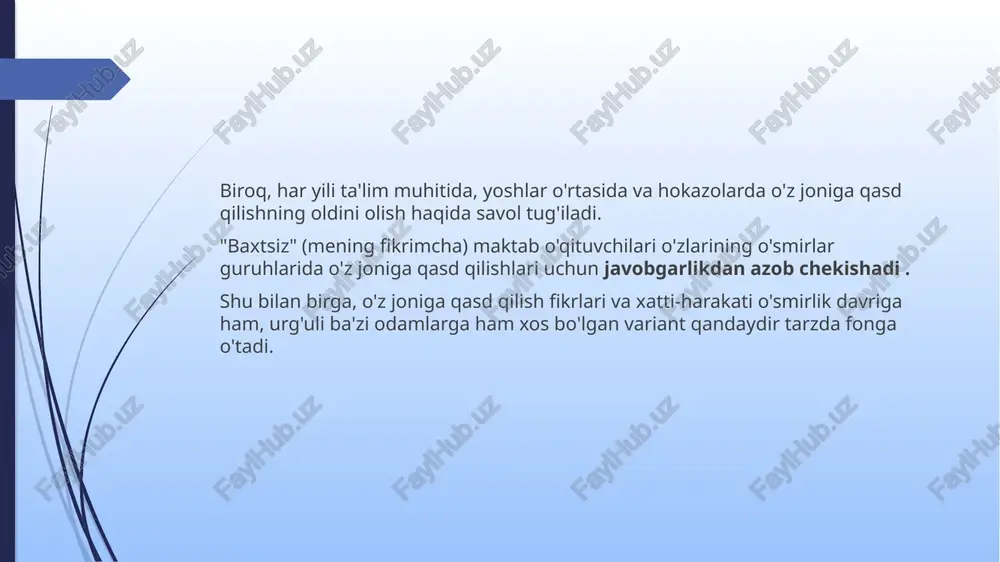 d qilish xatti-harakati kuchli his-tuyg'ularga asoslangan bo'lib, uning ta'siri ostida o'smir impulsiv ravishda o'z joniga qasd qilishga harakat qiladi, lekin o'z joniga qasd qilishning aniq rejasiga ega emas. bunday his-tuyg'ular har doim salbiy va juda ifodalangan: xafagarchilik, g'azab. affektiv xatti-harakatlarga misollar: osishga urinish va kuchli dorilar va zaharli moddalar bilan zaharlanish. rossiya o'z joniga qasd qilish darajasi eng yuqori bo'lgan mamlakatlardan biridir ( bmt bolalar jamg'armasi hisobotiga ko'ra ). har kuni mamlakat bo'ylab 13 nafargacha bola o'z joniga qasd qiladi yoki o'z joniga qasd qilishga urinadi. ko'pincha kim o'z joniga qasd qiladi? kim xavf ostida? kim xavf ostida? " o'z joniga qasd qilish " ni aniqlash mumkin emas . ma'lumki, ba'zi o'smirlar o'z joniga qasd qilish xavfi ko'proq bo'lib, ular o'zlari duch keladigan muayyan vaziyatlar va ular duch keladigan muayyan muammolar tufayli. statistika 14-18 yoshdagi odamlarning 30-45 foizi o'z joniga qasd qilish fikriga ega: o'z joniga qasd qilish harakatining 10 …