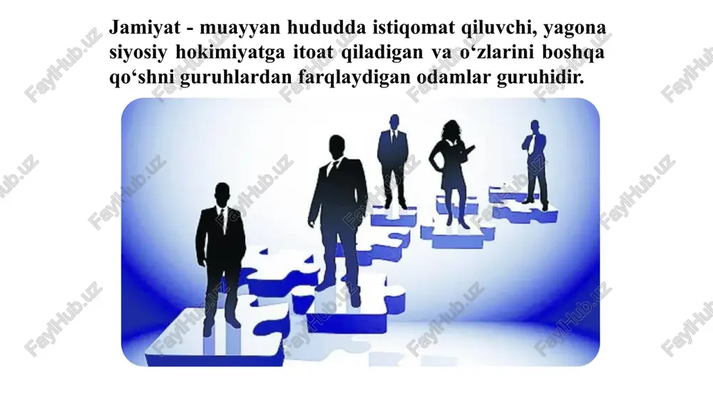 xxi asr postindustrial jamiyat xix -xx asr industrial jamiyat xviii asr agrar jamiyat daniyel bell 3. axborotlashgan jamiyat axborotlashgan jamiyat konsepsiyasi hozirgi zamon fanida muhim o‘rin egallaydi. u industrial va postindustrial jamiyat konsepsiyasi o‘rnini egallagan. ayrim rivojlangan mamlakatlarda axborotlashgan jamiyatini qurish davlat dasturlari qabul qilingan. bunday dastur masalan, yaponiyada qabul qilingan. uni yapon sotsiologi masuda yonedzi o‘zining “axborotdan dunyo miqyosida foydalanishning yangi davri” va “axborotlashgan jamiyat – postindustrial jamiyat” (1980) asarlarida bayon etgan. manuel kastels 4. isteʼmol qilish jamiyati unchalik nazariy, empirik va amaliy ahamiyatga ega bo‘lmagan tushuncha. 40-50 yillarida jamiyat har bir aʼzosining hayot darajasini yaxshilash maqsadida paydo bo‘layotgan tasavvurlarning keng yoyilishi natijasida vujudga kelgan nazariyadir. jan bodriyyar 5. an’anaviy jamiyat an'anaviy jamiyat - bu an'analar bilan boshqariladigan jamiyat. ijtimoiy tuzilma qattiq undagi sinfiy barqaror ijtimoiy ijtimoiy ierarxiya, jamoalarning va urf- jamiyat mavjudligi, odatlarga hayotini an'ana asoslangan tartibga solishning o'ziga xos usuli bilan tavsiflanadi. jamiyat tuzilishiga ko‘ra quyidagi turlarga …