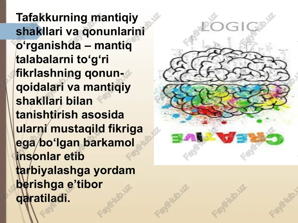 an biri bo‘lib, tafakkurni mantiqiy hisoblash deb ataladigan yuqori darajada abstraktlashgan va formallashgan sistemada tahlil qiladi. formal mantiq qonunlari (yoki tafakkur qonunlari) deyilganda fikrlashga xos muhim, zaruriy bog‘lanishlar tushuniladi. tafakkur qonunlariga amal qilish to‘g‘ri, tushunarli, aniq, izchil, ziddiyatsiz, asoslangan fikr yuritishga imkon beradi. fikrlarning asoslanganligi fikrning izchilligi fikrning jiddiyatsizligi fikrning aniqligi to’g’ri fikrlashining asosiy belgilari biz o‘rganadigan fan formal mantiq bo‘lib, u hozirgi paytda o‘zining maxsus formallashgan tiliga, to‘g‘ri muhokama yuritish uchun zarur bo‘lgan samarali mantiqiy metodlari va usullariga, konseptual vositalariga ega. u tafakkurni o‘rganuvchi boshqa fanlar, xususan, falsafa, psixologiya, fiziologiya bilan hamkorlik qiladi hamda ilmiy bilimlar sistemasida o‘zining munosib o‘rniga ega. ayniqsa, uning bilish metodi sifatidagi ahamiyati katta. logikaning fan sifatida shakllanishi qadimgi grek faylasufi aristotel nomi bilan bog‘liq. aristotelning «organon» nomli asari mantiqqa oid 6 asarini o‘z ichiga olib, ularda tushuncha va hukm, sillogoistik xulosa chiqarish va isbotlash, tafakkur qonunlari chuqur tahlil qilingan. ular keyinchalik formal logika deb …
