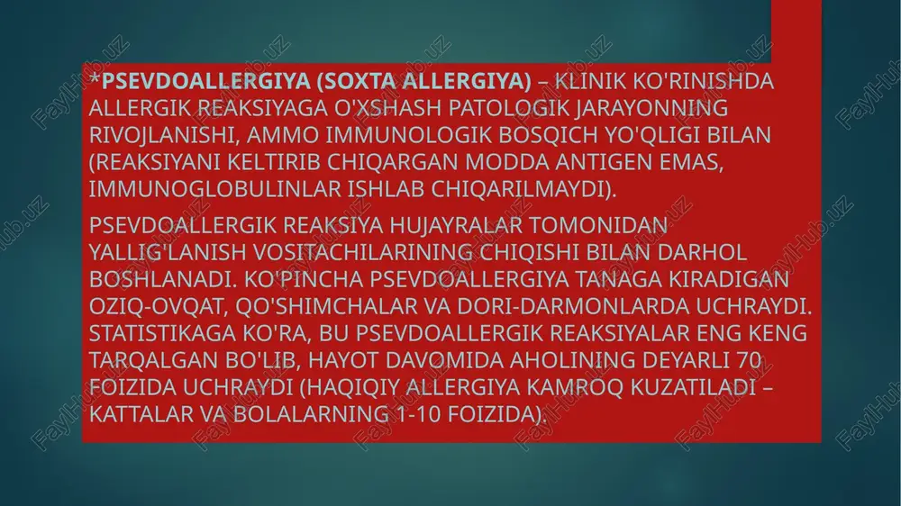 a (sekretor funksiyasi oshgan gastroduodenit, o'n ikki barmoqli ichakning oshqozon yarasi), jo'xori uni, guruch suvidan foydalangan holda parhez ovqatlanish, shuningdek sekretsiyani kamaytiradigan va oshqozon va ichak shilliq qavatiga zararsiz ta'sir ko'rsatadigan dori-darmonlarni qabul qilish tavsiya etiladi. disbakterioz mavjud bo'lganda, uni tuzatish amalga oshiriladi va dietada uglevodlar miqdori kamayatiriladi. atopik kasalliklar atopik kasalliklar — bu immun tizimining allergiyaga haddan tashqari javob berishi natijasida yuzaga keladigan surunkali (doimiy) yoki qaytalanadigan kasalliklar guruhidir. ushbu kasalliklar odatda irsiy moyillikka ega, ya’ni oila a’zolarida ham shunga o‘xshash muammolar bo‘lishi mumkin. atopik kasalliklar immun tizimining normal holatda zararsiz bo‘lgan moddalarga (allergenlarga) nisbatan ortiqcha reaksiya berishi bilan bog‘liq. bu allergenlar quyidagilar bo‘lishi mumkin: *gul changi; *uy changi; *hayvon yunglari; *ayrim ovqatlar; *dori vositalar. allergiya atopik dermatit (ekzema) allergik rinit bronxial astma ovqat allergiyasi atopik dermatit - shuningdek, atopik ekzema sifatida ham tanilgan, terining uzoq muddatli yallig'lanish turi (dermatit). bu terining qichishi, qizarishi, shishishi va yorilishiga olib keladi. …