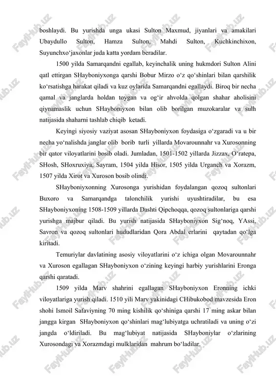 i chibukobod mavzesida eron shohi ismoil safaviyning 70 ming kishilik qo‘shiniga qarshi 17 ming askar bilan jangga kirgan shayboniyxon qo‘shinlari mag‘lubiyatga uchratiladi va uning o‘zi jangda o‘ldiriladi. bu mag‘lubiyat natijasida shayboniylar o‘zlarining xurosondagi va xorazmdagi mulklaridan mahrum bo‘ladilar. 1509 yilda shayboniyxon qozoq sultonlari jonish sulton, burunduqxon va qosim sultonlarga qattiq zarbalar berib, buning natijasida sig‘noq, yassi, savron shaharlarini qo‘lga kiritadi hamda turkistondagi xo‘ja ahmad yassaviy maqbarasini ta’mirlashga buyruq beradi. shayboniyxon 1509 yilning yozida marvni egallashga muvaffaq bo‘ldi. uning bu davrga qadar bo‘lgan yurishlari natijasida dashti qipchoq, xorazm, movarounnahr va xurosonning katta qismi shayboniylar qo‘l ostida birlashtirildi. marv shahrini egallagan shayboniyxon eronning kichik viloyatlariga yurish qiladi hamda mashhad va tus shaharlarini egallab, ulardagi muqaddas joylarni ziyorat qilib, ba’zi me’moriy inshootlarni ta’mirlashga buyruq beradi. mashhad va tus shaharlarini egallagan shayboniyxon erondogi shoh ismoil asos solgan safaviylar davlatiga xavf soladi. 1510 yilda erondan orqaga qaygan shayboniyxon uning izidan katta kuch bilan yetib kelgan …