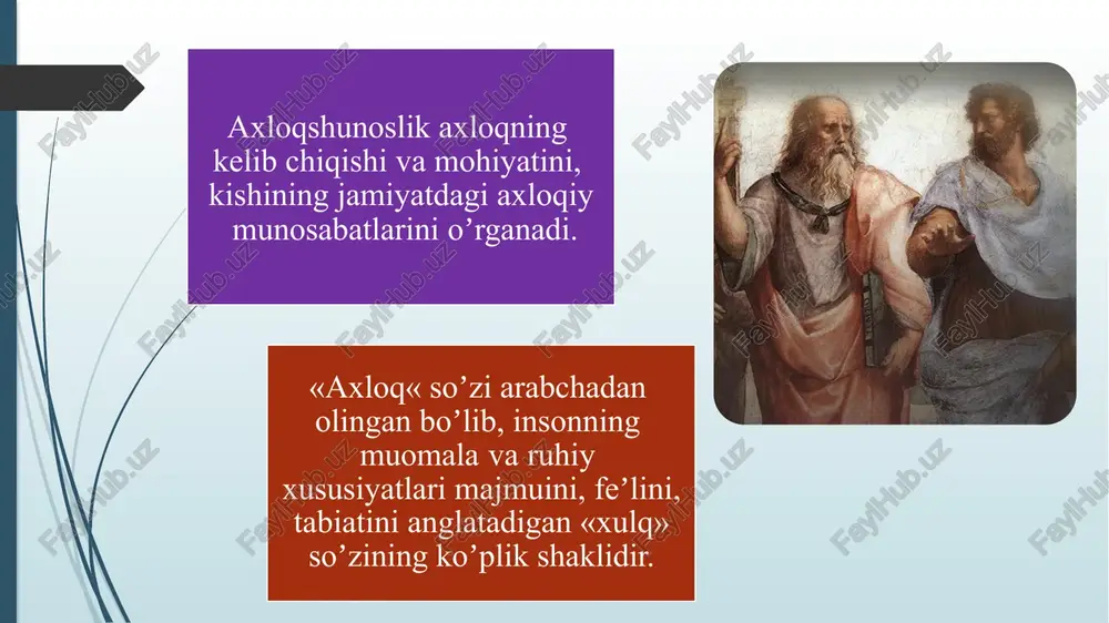 nglatadi axloq tuzilmasi uch omil- asosdan iborat: axloqiy ong axloqiy hissiyot axloqiy xatti- harakatlar inson qadr qimmati inson – aqlli xilqat, shuning uchun u ko'p xislat, fazilatlar sohibidir. inson – inson nomiga xos odamiy fazilatlarga ega bo'lishi kerak. insoniyat paydo bo'libdiki hamisha odamlik qiyofasini, fe'l – atvorda o'ziga yarashadigan xatti – harakatlarni, u yoki bu fazilatlarni mujassamlashtirishga intilgan. “kim hamma odamlar buzilib ketdi deb ayta bersa, o'sha odamning o'zi buzilgandir” hadisdan o'ziga nisbatan xolis baho bermagan inson boshqalarga ham baho berishda ham xolis bo'la olmaydi. hayotda axloq manfaatga emas, balki manfaat axloqqa bo'ysunishi lozim. agar manfaat axloqdan ustun deb qaralsa, kishilar barchaga ayon bo'lgan oddiy haqiqatni ham inkor etish yo'liga o'tib oladilar. odamzod orasida shundaylar bo'lgan, bundan keyin ham bo'ladi. “yaxshilikni chehrasi ochiq, hushro'y odamlardan kutinglar” hadisdan yaxshilik va yomonlik. yaxshilik – shaxsning odobiga, xulqiga bog'liq bo'lgan ijobiy xodisa. unda mardlik, ochiqko'ngillik, halollik singari axloqiy me'yorlar tajassum topadi. saxix hadislarda …