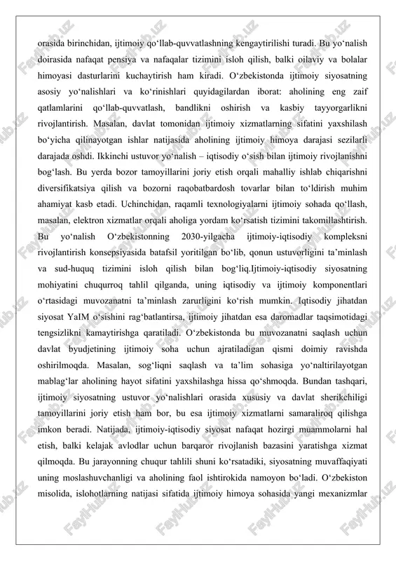 sh muhim ahamiyat kasb etadi. uchinchidan, raqamli texnologiyalarni ijtimoiy sohada qo‘llash, masalan, elektron xizmatlar orqali aholiga yordam ko‘rsatish tizimini takomillashtirish. bu yo‘nalish o‘zbekistonning 2030-yilgacha ijtimoiy-iqtisodiy kompleksni rivojlantirish konsepsiyasida batafsil yoritilgan bo‘lib, qonun ustuvorligini ta’minlash va sud-huquq tizimini isloh qilish bilan bog‘liq.ijtimoiy-iqtisodiy siyosatning mohiyatini chuqurroq tahlil qilganda, uning iqtisodiy va ijtimoiy komponentlari o‘rtasidagi muvozanatni ta’minlash zarurligini ko‘rish mumkin. iqtisodiy jihatdan siyosat yaim o‘sishini rag‘batlantirsa, ijtimoiy jihatdan esa daromadlar taqsimotidagi tengsizlikni kamaytirishga qaratiladi. o‘zbekistonda bu muvozanatni saqlash uchun davlat byudjetining ijtimoiy soha uchun ajratiladigan qismi doimiy ravishda oshirilmoqda. masalan, sog‘liqni saqlash va ta’lim sohasiga yo‘naltirilayotgan mablag‘lar aholining hayot sifatini yaxshilashga hissa qo‘shmoqda. bundan tashqari, ijtimoiy siyosatning ustuvor yo‘nalishlari orasida xususiy va davlat sherikchiligi tamoyillarini joriy etish ham bor, bu esa ijtimoiy xizmatlarni samaraliroq qilishga imkon beradi. natijada, ijtimoiy-iqtisodiy siyosat nafaqat hozirgi muammolarni hal etish, balki kelajak avlodlar uchun barqaror rivojlanish bazasini yaratishga xizmat qilmoqda. bu jarayonning chuqur tahlili shuni ko‘rsatadiki, siyosatning muvaffaqiyati …
