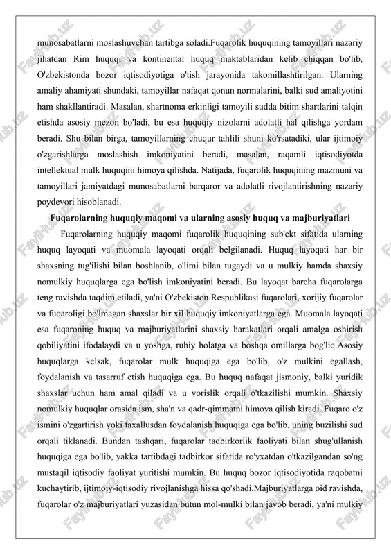 g sub'ekt sifatida ularning huquq layoqati va muomala layoqati orqali belgilanadi. huquq layoqati har bir shaxsning tug'ilishi bilan boshlanib, o'limi bilan tugaydi va u mulkiy hamda shaxsiy nomulkiy huquqlarga ega bo'lish imkoniyatini beradi. bu layoqat barcha fuqarolarga teng ravishda taqdim etiladi, ya'ni o'zbekiston respublikasi fuqarolari, xorijiy fuqarolar va fuqaroligi bo'lmagan shaxslar bir xil huquqiy imkoniyatlarga ega. muomala layoqati esa fuqaroning huquq va majburiyatlarini shaxsiy harakatlari orqali amalga oshirish qobiliyatini ifodalaydi va u yoshga, ruhiy holatga va boshqa omillarga bog'liq.asosiy huquqlarga kelsak, fuqarolar mulk huquqiga ega bo'lib, o'z mulkini egallash, foydalanish va tasarruf etish huquqiga ega. bu huquq nafaqat jismoniy, balki yuridik shaxslar uchun ham amal qiladi va u vorislik orqali o'tkazilishi mumkin. shaxsiy nomulkiy huquqlar orasida ism, sha'n va qadr-qimmatni himoya qilish kiradi. fuqaro o'z ismini o'zgartirish yoki taxallusdan foydalanish huquqiga ega bo'lib, uning buzilishi sud orqali tiklanadi. bundan tashqari, fuqarolar tadbirkorlik faoliyati bilan shug'ullanish huquqiga ega bo'lib, yakka tartibdagi …