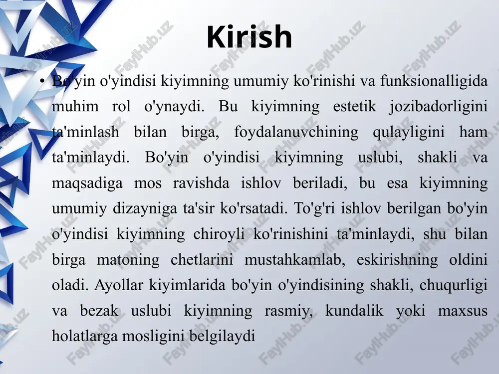 hiqaylik. yuzlama – bo'yin shaklini nusxalab kesilgan parcha. uni asosiy mato bilan yuzma-yuz qo'yib tikish, keyin chetlarini kesish va ichkariga burish. understitching (ichki tikuv) – yuzlamani chetiga tikish, bu uni ichkarida ushlab turadi. dalil: understitching bo'lmasa, yuzlama tashqariga chiqib turadi. amaliy misol: yumaloq bo'yinida yuzlama ishlatish – tikuvdan keyin chetlarini pink qaychi bilan kesish, parchalanishni oldini oladi.qiyshiq lenta usuli: lentani qiyshiq kesib, bo'yin chetiga tikish. ish sifatini baholash va xatoliklarni bartaraf etish ish sifatini baholash – yakuniy bosqich bo'lib, u natijani tekshirish va yaxshilashga xizmat qiladi. chuqur tahlil: sifat bahosi vizual, funksional va chidamlilik jihatidan o'tkaziladi.vizual baho: bo'yin o'yini simmetrikmi, tikuvlar to'g'rimi? dalil: simmetriya bo'lmasa, kiyim estetik emas. misol: v-shaklli bo'yinda markaziy nuqta noto'g'ri bo'lsa, kiyim qiyshiq ko'rinadi.funksional baho: qulaylik va harakat erkinligi. misol: qattiq bo'yin harakatni cheklaydi.chidamlilik: yuvishdan keyin shakl saqlanishi. dalil: interfeys ishlatilmagan bo'lsa, cho'zilib ketadi.keng tarqalgan xatolar: gaping (bo'shliq), puckering (burma), uneven seams (notekis tikuvlar).gapingni bartaraf etish: …