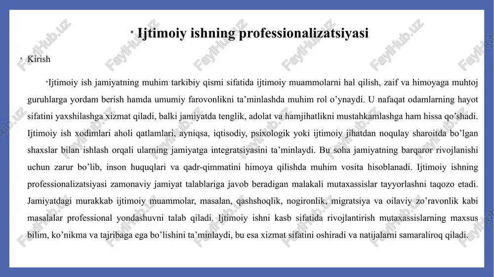 iyotda qo’llaniladi, masalan, muloqot qobiliyati. malakalar doimiy ravishda oshirilishi kerak.real misolda, malaka oshirish kurslari orqali ijtimoiy xodimlar yangi usullarni o’rganadilar. ijtimoiy xodimning kasbiy kompetensiyasi ijtimoiy ish sohasida kasbiy kompetensiya tushunchasi mutaxassisning bilim, ko’nikma va qobiliyatlarini o’z ichiga oladi. bu kompetensiyalar ijtimoiy xodimning mijozlar bilan ishlash jarayonida samarali natijalarga erishishiga yordam beradi. kasbiy kompetensiya nafaqat nazariy asoslarga, balki amaliy tajribaga asoslanadi. masalan, ijtimoiy xodim oilaviy muammolarga duch kelgan shaxslar bilan ishlaganda, ularning ehtiyojlarini to’g’ri baholashi va yordam ko’rsatish yo’llarini belgilashi kerak. bunday holatda, kompetensiya darajasi mutaxassisning tajribasi va doimiy ravishda yangilanishi bilan bog’liq. o’zbekistonda ijtimoiy ishning rivojlanishi jarayonida kasbiy kompetensiyalarni shakllantirishga katta e’tibor berilmoqda, chunki bu soha yangi va tez o’zgaruvchan talablarga ega.kasbiy kompetensiya ijtimoiy xodimning mijozlarning huquqlarini himoya qilish, jamiyatdagi adolatni ta’minlash va insoniy munosabatlarni mustahkamlash kabi vazifalarni bajarishida asosiy o’rin tutadi. muloqot madaniyati, empatiya va psixologik tayyorgarlikning o’rni muloqot madaniyati ijtimoiy ishda mijozlar bilan samarali aloqa o’rnatishning asosiy vositasi …