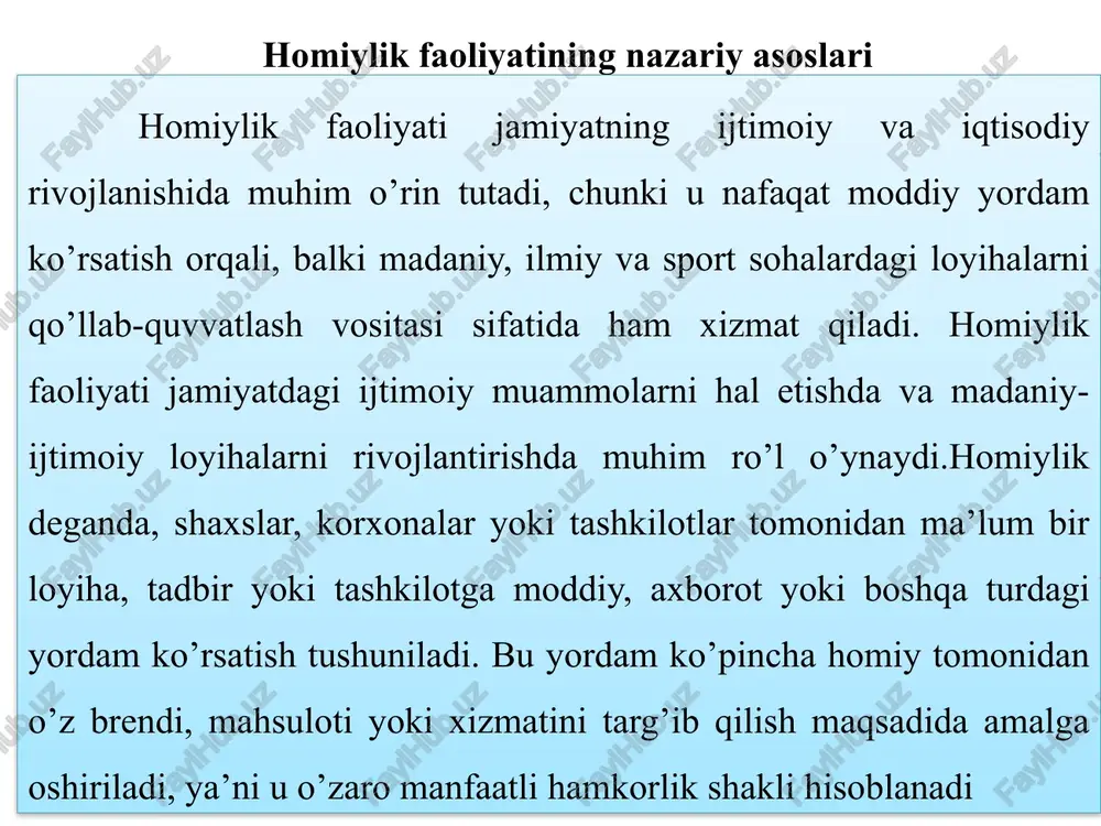 ladi. korporatsiyalar o’z xodimlarining homiylik dasturlariga ishtirokini rag’batlantirish uchun mos yordam dasturlari va ko’ngilli mehnat uchun grantlar kengaytirmoqdalar.sport homiyligi aqshda eng tez rivojlanayotgan sohalardan biri bo’lib, 2021-yildagi 63,1 milliard dollardan 2030-yilga kelib 109,1 milliard dollarga yetishi kutilmoqda osiyo va yaqin sharq mamlakatlarida an’anaviy va diniy homiylik ko’rinishlari osiyo va yaqin sharq mamlakatlarida homiylik an’anaviy va diniy qadriyatlarga asoslangan bo’lib, bu yerda u shaxsiy aloqalar va ishonchga tayanadi. yaqin sharqda islomiy zakot va sadaqa kabi diniy amallar homiylikning asosiy shakllaridan biri: bu mablag’lar ta’lim, sog’liqni saqlash va ijtimoiy yordamga sarflanadi. 2025-yilga kelib, musulmon homiyligi global miqyosga chiqmoqda, masalan, katta loyihalar orqali ta’lim va inqiroz yordamini qoplashga yo’naltirilmoqda. anera tashkilotining ma’lumotlariga ko’ra, imon asosidagi homiylik xristianlik va yahudiylikdagi tithes (o’n bir qismi) bilan birgalikda mintaqaviy yordamni kuchaytirmoqda.osiyoda homiylik shaxsiy bog’lanishlar va nazoratga asoslangan: donorlar o’z mablag’larini yaqin atrofdagi loyihalarga yo’naltiradilar. afrika va lotin amerikasi mintaqalarida homiylikning ijtimoiy yo’naltirilgan shakllari afrika va lotin …