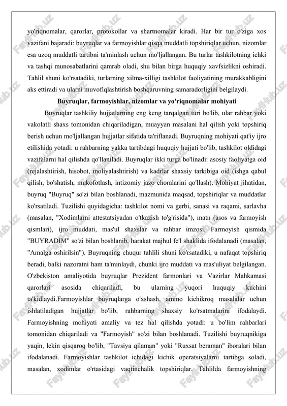 yotadi: u rahbarning yakka tartibdagi huquqiy hujjati bo'lib, tashkilot oldidagi vazifalarni hal qilishda qo'llaniladi. buyruqlar ikki turga bo'linadi: asosiy faoliyatga oid (rejalashtirish, hisobot, moliyalashtirish) va kadrlar shaxsiy tarkibiga oid (ishga qabul qilish, bo'shatish, mukofotlash, intizomiy jazo choralarini qo'llash). mohiyat jihatidan, buyruq "buyruq" so'zi bilan boshlanadi, mazmunida maqsad, topshiriqlar va muddatlar ko'rsatiladi. tuzilishi quyidagicha: tashkilot nomi va gerbi, sanasi va raqami, sarlavha (masalan, "xodimlarni attestatsiyadan o'tkazish to'g'risida"), matn (asos va farmoyish qismlari), ijro muddati, mas'ul shaxslar va rahbar imzosi. farmoyish qismida "buyradim" so'zi bilan boshlanib, harakat majhul fe'l shaklida ifodalanadi (masalan, "amalga oshirilsin"). buyruqning chuqur tahlili shuni ko'rsatadiki, u nafaqat topshiriq beradi, balki nazoratni ham ta'minlaydi, chunki ijro muddati va mas'uliyat belgilangan. o'zbekiston amaliyotida buyruqlar prezident farmonlari va vazirlar mahkamasi qarorlari asosida chiqariladi, bu ularning yuqori huquqiy kuchini ta'kidlaydi.farmoyishlar buyruqlarga o'xshash, ammo kichikroq masalalar uchun ishlatiladigan hujjatlar bo'lib, rahbarning shaxsiy ko'rsatmalarini ifodalaydi. farmoyishning mohiyati amaliy va tez hal qilishda yotadi: u …