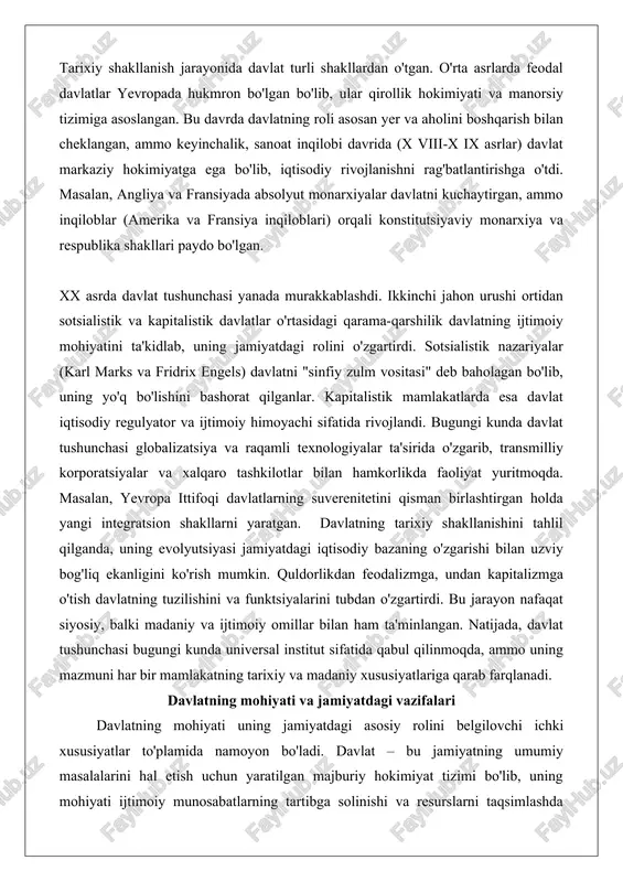 avlat – bu jamiyatning umumiy masalalarini hal etish uchun yaratilgan majburiy hokimiyat tizimi bo'lib, uning mohiyati ijtimoiy munosabatlarning tartibga solinishi va resurslarni taqsimlashda ko'rinadi. klassik siyosatshunoslikda davlatni "ijtimoiy tartibni ta'minlovchi monopoliya" deb ta'riflash mumkin, chunki u kuch ishlatish huquqiga ega bo'lib, jamiyatdagi ziddiyatlarni bartaraf etadi. mohiyat jihatidan davlatning ikki asosiy tomoni ajralib turadi: repressiv (bosim vositasi) va integrativ (jamiyatni birlashtiruvchi) tomonlar. repressiv tomonida davlat qonunlarni buzganlarni jazolash, ichki va tashqi xavfsizlikni ta'minlash orqali jamiyatni nazorat qiladi. integrativ tomonida esa u ijtimoiy xizmatlar, ta'lim va sog'liqni saqlash orqali aholining farovonligini oshiradi. bu ikki tomon davlatning mohiyatini to'liq ochib beradi, chunki ular jamiyatdagi barqarorlikni ta'minlashda uzviy bog'liq. jamiyatdagi vazifalari nuqtai nazaridan davlatning roli ko'p qirrali. birinchidan, siyosiy vazifa: davlat jamiyatni boshqarish va qarorlar qabul qilish orqali siyosiy barqarorlikni saqlaydi. bu vazifa hokimiyatning vertikal va gorizontal tuzilishi orqali amalga oshiriladi. ikkinchidan, iqtisodiy vazifa: davlat iqtisodiy resurslarni taqsimlash, soliqlar yig'ish va infratuzilmani rivojlantirish orqali …