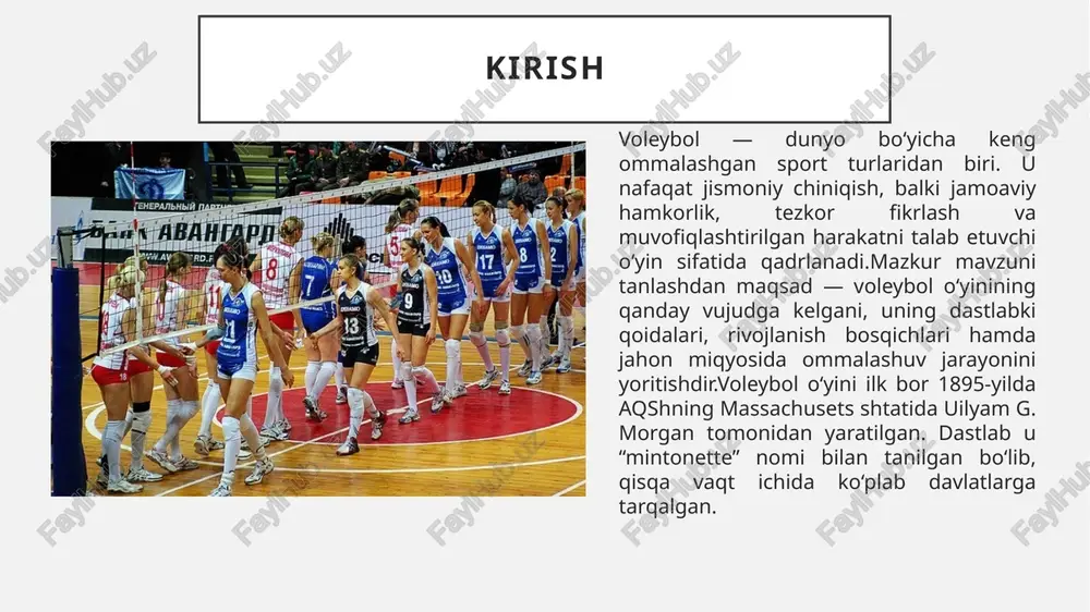 giyalarning chuqur integratsiyasi va yuqori dinamikasi bilan ajralib turadi. fivbning 2025-2028 qoidalari (39-kongressda tasdiqlangan) o‘yinni yanada adolatli va qiziqarli qilishga qaratilgan: video-hakamlik tizimi (vcs) har musobaqada majburiy, bu hakamlik xatolarini 95% ga kamaytiradi. professional musobaqalar, masalan, volleyball nations league (vnl) va klublar jahon chempionati, yiliga 200 dan ortiq o‘yinni qamrab, millionlab tomoshabinlarni jalb etadi.. xulosa voleybolning global yo‘nalishlari – bu nafaqat g‘alaba, balki insoniyatning birgalikdagi muvaffaqiyati ramzi.voleybol o‘yini qisqa vaqt ichida jahon sportining eng ommaviy turlaridan biriga aylandi. u jismoniy chiniqish, tezkorlik, diqqat va jamoaviy harakatni talab etuvchi sport turi sifatida har bir mamlakatda keng rivojlanmoqda.uilyam g. morgan tomonidan asos solingan ushbu o‘yin dastlab o‘quvchi va ishchi yoshlar orasida sog‘lomlashtirish maqsadida o‘ynalgan bo‘lsa, hozirda xalqaro musobaqalar, olimpiya o‘yinlari va jahon chempionatlarining doimiy qismiga aylangan foydalanilgan adabiyotlar morgan w. g. the birth of volleyball. massachusetts, 1895. fivb rasmiy sayti — https://www.fivb.com olimov g. sport tarixi. toshkent: “o‘qituvchi”, 2019. norqulov a. jismoniy …
