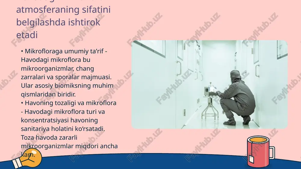 ga salbiy ta'sir ko'rsatishi ehtimoli yuqori. • havodagi mikroorganizmlarni o'rganishning ahamiyati - ushbu mikroorganizmalar ekologik muvozanatni saqlashda kluch rol o'ynaydi, ilmiy tadqiqotlar ulardan samarali foydalanish imkoniyatlarini ko'rsatadi. tuproq mikroorganizmlari o'simlik ildizlariga yordam beradi ozuqalarni singdirishda • mikroorganizmlarning turlari - tuproqda yashovchi mikroorganizmlar orasida bakteriyalar, zamburug'lar va aktinomisetlar mavjud. ular turli ekologik vazifalarni bajaradilar. • tuproq unumdorligini oshirish - mikroorganizmlar tuproqdagi ozuqalarni o'simlik ildizlari uchun qulay shakllarga aylantiradi. bu orqali tuproq unumdorligi oshadi. e’tiboringiz uchun kattakon raxmat! image1.jpg image2.jpg image3.jpg image4.jpg unidentified operator is setting the instrument for airborne particle counter in the cleanroom, concept of cleanliness, environment and particle contamination in hvac system.