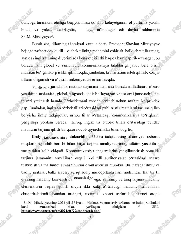 i madaniy tushunishni chuqurlashtiradi. bundan tashqari, raqamli axborot asrlarida, internet orqali tarqaladigan keng koʻlamli maʼlumotlar hajmi doimiy oʻsib borayotgan internet asrida ingliz va oʻzbek tillarida taqdim etiladigan kontentni tarjima qilish samaradorligini oshirish dolzarb masalaga aylanmoqda. aniq va samarali tarjima mahorati, tarjimonlar uchun yangi kasbiy imkoniyatlar yaratadi. bu, tarjimonlarning malakasini oshirish va ularning xizmatlariga boʻlgan talabni kuchaytirish orqali amalga oshadi. ushbu jihatlarni hisobga olgan holda, ilmiy tadqiqotning ushbu mavzusi nafaqat lingvistik va madaniy, balki iqtisodiy va ijtimoiy oʻzgarishlarga ham hissa qoʻshish imkonini beradi. bu esa oʻz navbatida, ingliz va oʻzbek tillari oʻrtasida samarali va chuqur muloqot qurishga yordam beradi. tadqiqotning oʻrganilganlik darajasi. ushbu tadqiqotga tayyorgarlik jarayonida tarjima va publitsistika mavzusiga bagʻishlangan ilmiy ishlar va kasbiy nashrlar boʻyicha chuqur tahlil amalga oshirildi. asosiy diqqat turli tilda yozilgan matnlarning tarjima jarayonidagi lingvistik va madaniy jihatlarini oʻrganuvchi ishlarga qaratildi. masalan, beyker (baker) va nyumark (newmark) kabi olimlar tarjima jarayonida matnni qanday qilib moslashuvchan tarzda …