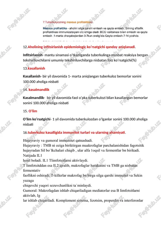 atijasida yuzaga keladi. kavernoz jarayonlarda bronxial yoki o‘pka arteriyasi eroziyalanadi yoki rasmussen anevrizmasi yoriladi, natijada kuchli qon ketish sodir bo‘ladi. bu holat o‘pka to‘qimasidagi spesifik yallig‘lanish va kavernoz o‘choqlarning asorati hisoblanadi. 25.o’pkalar tuberkulozida xarakterli yo’tal kelib chiqish mexanizmi. 26.tuberkuloz kasalligida maxalliy limfa tugunlaridagi o’zgarishlar. 27. sukennikov bo’yicha ko’krak ichidagi limfa tugunlarining tasnifi. -paratraxeal -bifurkatsion -traxeobronxial -bronxopulmonal 28.o’pkalar tuberkulozida og’riq paydo bo’lishini tushuntirib bering 29. tuberkuloz uchun xarakterli intoksikatsiya simptomlari. òzib ketish . charchash .harorat kotarilishi .oqarish.haddan tashqari terlash.holsizlik .uyqu buzilishi .asabiylik. 30. tuberkulozda uqtda qanday xarakterli o’zgarishlar aniqlanadi. limfopeniya leykositoz echt oshishi anemiya neytrofillyoz eozinopeniya 31.tuberkuloz bilan og’rigan bemorning balg’amida bk yo’qligi jarayonining nofaollgining ko’rsatgichi hisoblanadimi va nima uchun. yoq chunki bkda chiqmaydigan tuberkulyozlar ham bor masalan milliar 32.tuberkulin sinamasidagi “ viraj”ning tuberkuloz diagnostikasidagi ahamiyati. 1 yil oldingi mantu sinamasidagi papula o’lchami keyingi yilda 5 mmdan ko’pga farq qilsa yoki manfiydan musbatga o’tsa. 33.faol tuberkuloz kasalligida uqt da limfositlar soni …