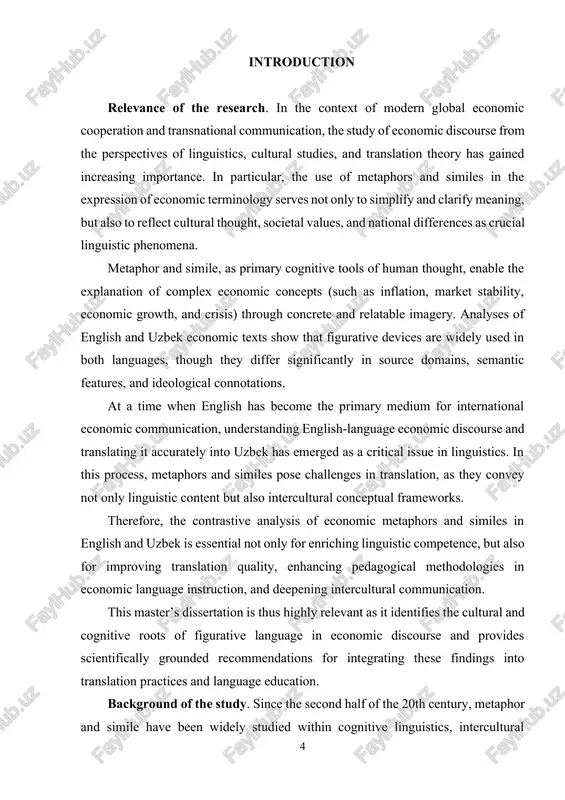 ack explored the ideological and social framing power of metaphors. charteris-black’s notion of “metaphor as framing tool” highlights the metaphor’s role in shaping public perception of economic phenomena. in translation theory, figures such as p. newmark, l. venuti, k. schäffner, and a. malinowski have examined challenges in rendering metaphors between languages, offering strategies for achieving semantic equivalence and cultural adaptation. in language education, scholars such as a. littlemore, g. low (2006), i. cytlak, s. thornbury, and j. mccarthy have emphasized the importance of teaching figurative language to develop learners’ communicative and cultural competencies. in uzbek linguistics, limited studies have explored metaphors and similes in literary and journalistic language, with contributions from g. sayfiyev, r. mahmudov, z. qodirova, and h. tursunov. however, contrastive studies of metaphors and similes in english and uzbek economic discourse remain underexplored, and practical applications such as culturally sensitive translation strategies have not been sufficiently developed. research …