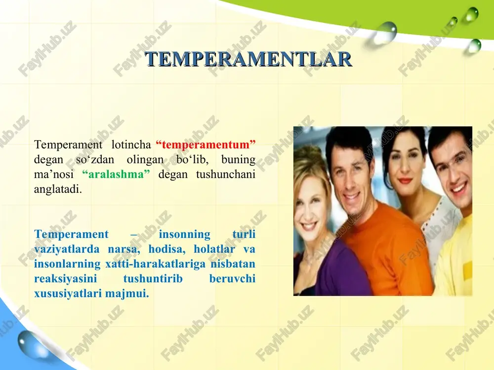 ollik. bu borada inson qanday faollik darajasi bilan tashqi olamga ta'sir etishi va maqsadlarni amalga oshirishda ob'ektiv hamda sub'ektiv qarama qarshiliklarni faollik bilan yengishga qarab fikr yuritiladi. temperament tiplarining psixologik tavsifnomasi 4.reaktivlik bilan faollikning o’zaro munosabati. odamning faoliyati ko’p jihatdan nimaga bog’liqligiga binoan, chunonchi tasodifiy tarzdagi tashqi va ichki sharoitlarga (kayfiyatga, favquloddagi hodisalarga) yoki maqsadlarga, ezgu niyatlarga, xohish-intilishlariga ko’ra fikr bildirish nazarda tutiladi. 5.reaksiya tempi. turli xususiyatli psixik reaksiyalar va jarayonlarning kechish tezligiga, nutq sur'atiga, farosatliligiga, aql tezligiga asoslanib xulosa chiqariladi. 6.harakatlarning silliqligi va unga qarama-qarshi sifat rigidlik (qotib qolganlik), shaxsning o’zgaruvchan tashqi taassurotlarga qanchalik yengillik va chaqqonlik bilan muvofiqlashishiga (silliqlik bilan moslashishga), shuningdek, uning xatti-harakatlari qanchalik sust va zaifligiga (rigidligi qotib qolganligicha) nisbatan baho berishdan iboratdir. 7.ekstravertlik va introvertlik. shaxsning faoliyati va reaksiyasi ko’p jihatdan kechinmalarga bog’liq, chunonchi favqulotdagi tashqi taassurotlarga (ekstravertlik) yoki aksincha, timsollarga, tasavvurlarga (introvertlik) taalluqligiga asoslangan holda munosabat ifodasidir. o‘zlarini yaxshi his qilish, ijodkorlik, kuch ya’ni …