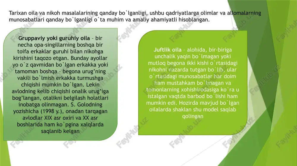 i, rahbar – go`yoki ota misoli, xalq esa – farzandlar kabidir” 5 deb yozgan edi. bu aslida insoniyat tarixida uzoq vaqtgacha ustivor bo`lgan paternalizm tamoyilining yaqqol timsolidir (“patern” – ota, otalik, yetakchilik ma’nosini bildiradi). oila va nikoh masalalariga tarixiy yondashuv shveytsariyalik olim i.baxoven (1815-1887) ishlarida, ayniqsa, uning “onalik huquqi” kitobida yoritilgan. undan tashqari, amerikalik tadqiqotchi l.morgan (1818-1881)ning asarlarida ham oilaga nisbatan evolyutsion qarashlar bayon etilgan bo`lib, “qadimgi jamiyat” kitobi buning yaqqol namunasi hisoblanadi. bu asarlarda oila institutining bevosita jamiyat tarqqiyoti bilan bog’liqligi, jamiyatdagi ijtimoiy-iqtisodiy munosabatlarning takomili oilaning mustahkamligiga bog’liq ekanligi g’oyasi o`z isbotini topgan. bu o`zgarishlar tarix mobaynida turli jins vakillari o`rtasidagi o`zaro munosabatlarga bog’liq tarzda kechishi ham ta’kidlangan. shunday qilib, iilani ijtimoiy institut sifatida idrok etish va uni ilmiy jihatdan o`rganish an’analari tarixi xix asrning o`rtalariga to`g’ri keladi. ayni shu davrdan boshlab jahonning turli burchaklaridagi taniqli sotsiologlar va antropologlar (l.morgan, m.kovalevskiy, b.malinovkiy, p.sorokin, keyinchalik a.xarchev, s.golod va boshqalar.) oila …