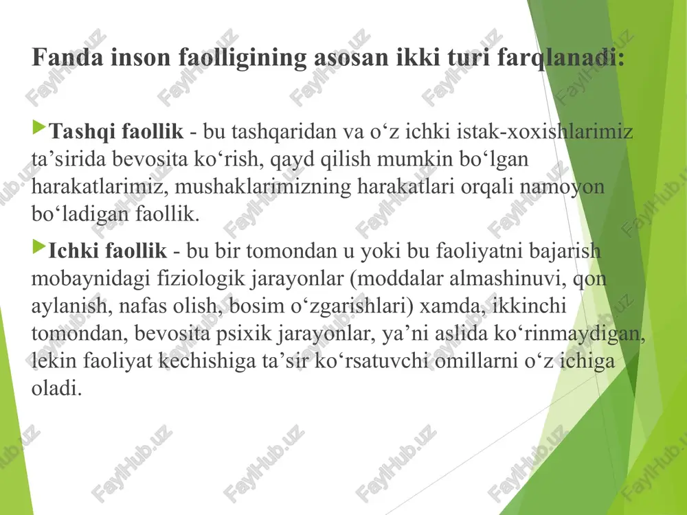 sir etish usullari ergashtirish ishontirish – ustanovka izchillik effekti stereotiplashtirish (qoliplashtirish) effekti ijtimoiy idrok etish effekti (bodalev rasm, jinoyatchi va olim eksperimenti) e’tiqod taqlid qilish oreol effekti umumiy tasavvur yaxshi bo‘lsa. uning ijobiy xislatlari ortiqcha baholanadi, salbiy xislatlari esa sezilmaydi va aksincha noverval vositalar: inson 70 foiz ma’lumotni ko‘rish orqali qabul qiladi; noverbal vositalar suhbatdoshning xaqiqiy xis-tuyg‘ularini tushunishga imkon yaratadi. inson haqidagi ilk taassurot n.v. yurish, yuz ifodasi, qarash, o‘zini tutish, kiyinish orqali olinadi. noverval vositalar: vizual vositalar: kinesika (qo‘l, bosh, oyoq, tana harakatlari, qadam tashlash); pozalar (qomat, boshni tutish); qarash yo‘nalishi, vizual aloqalar; teri reaksiyalari – qizarish, oqarish, terlash; proksemika (makon, masofa) – oraliq masofa, shaxsiy kengliklar; akustik vositalar: paralingvistik (ovoz sifati, diapazoni, tonalligi) – balandligi, tembri, maromi, tovush balandligi; ekstrolingvistik – nutq pauzalari, kulgu, yig‘i, xo‘rsinish, yo‘talish, qarsak. taktil vositalar: takesika – teginish, qo‘l siqish, quchoqlashish, o‘pishish. olfaktor vositalar: yoqimli, yoqimsiz hidlar; insondan taraladigan tabiiy va sun’iy hidlar. …
